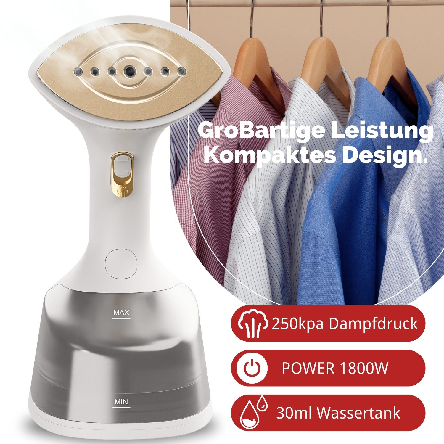 7MAGIC Dampfbürste Steamer Hand-Dampfbügeleisen <30 Sekunden Aufheizen, 1800 W, Dampfglätter für Kleidung 300ml Tank, Inkl. Bügelhandschuh für Reisen