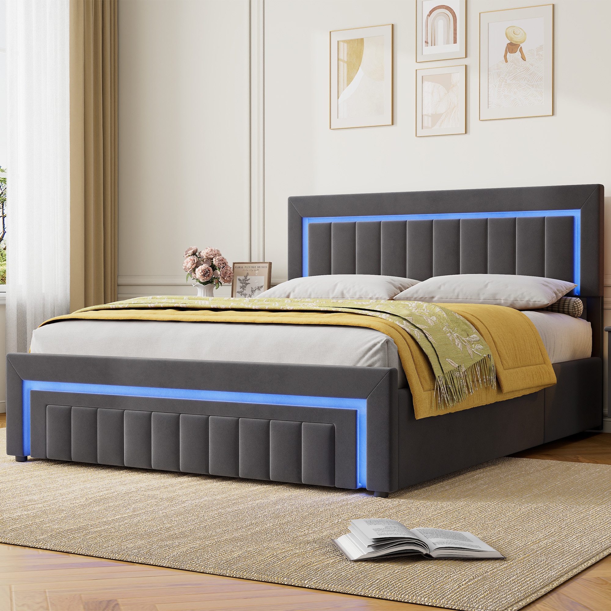 STILVORA Polsterbett 180×200 mit bettkasten,Funktionbett Boxspringbett mit LED & Schubladen (verstärkter Metallrahmen, stabiler Lattenrost, Gepolstertes Kopfteil, Bettkasten mit Hydraulik, Bettgestell mit Gepolstertes Kopfteil), mit einem Hebeseil, Samt-Stoff, Grau