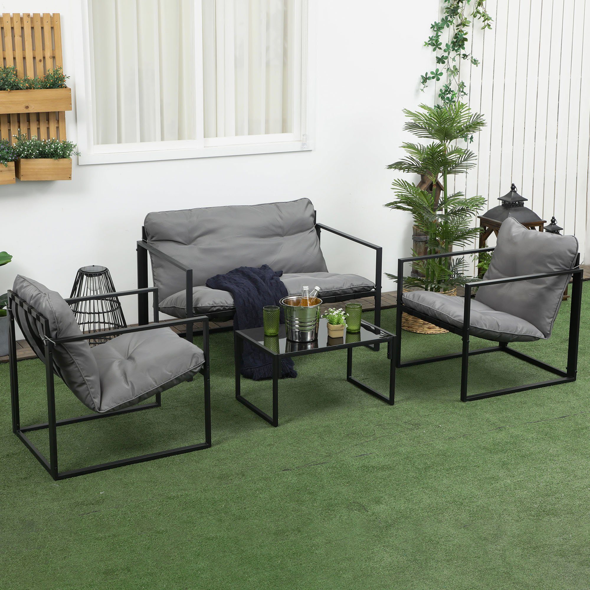 mit Gartenmöbel-Set), (Dining 2 1 Outsunny Sessel, wetterbeständig, Auflagen Sitzgruppe 1 Glastisch, Sofa, 4-tlg., Set, Gartenmöbel-Set,