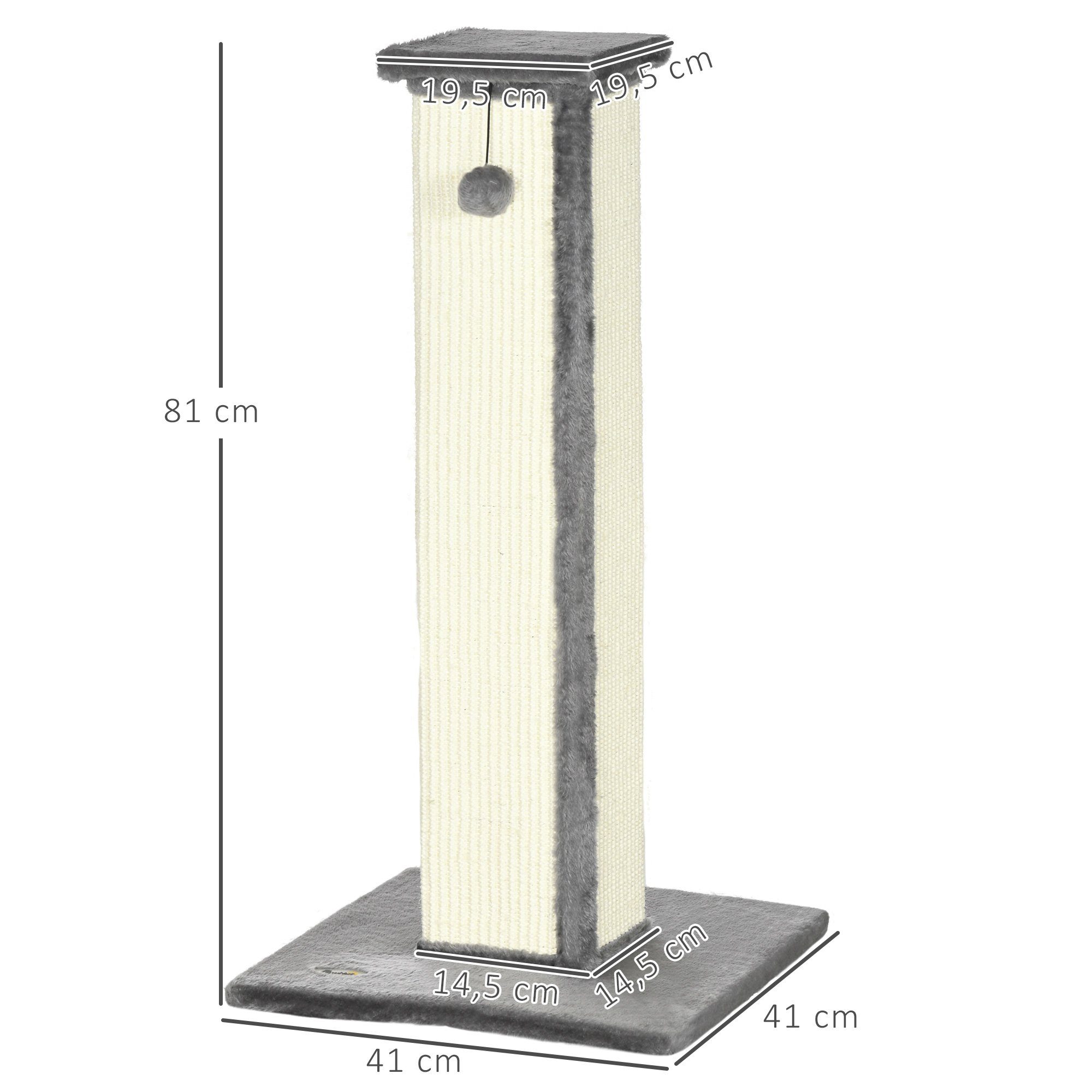 PawHut Kratzbaum Kratzstamm, 81cm Kratzsäule, Sisal-Katzenkratzbaum mit Spielball, Kratzmöbel für Katzen, Indoor, Grau, Creme