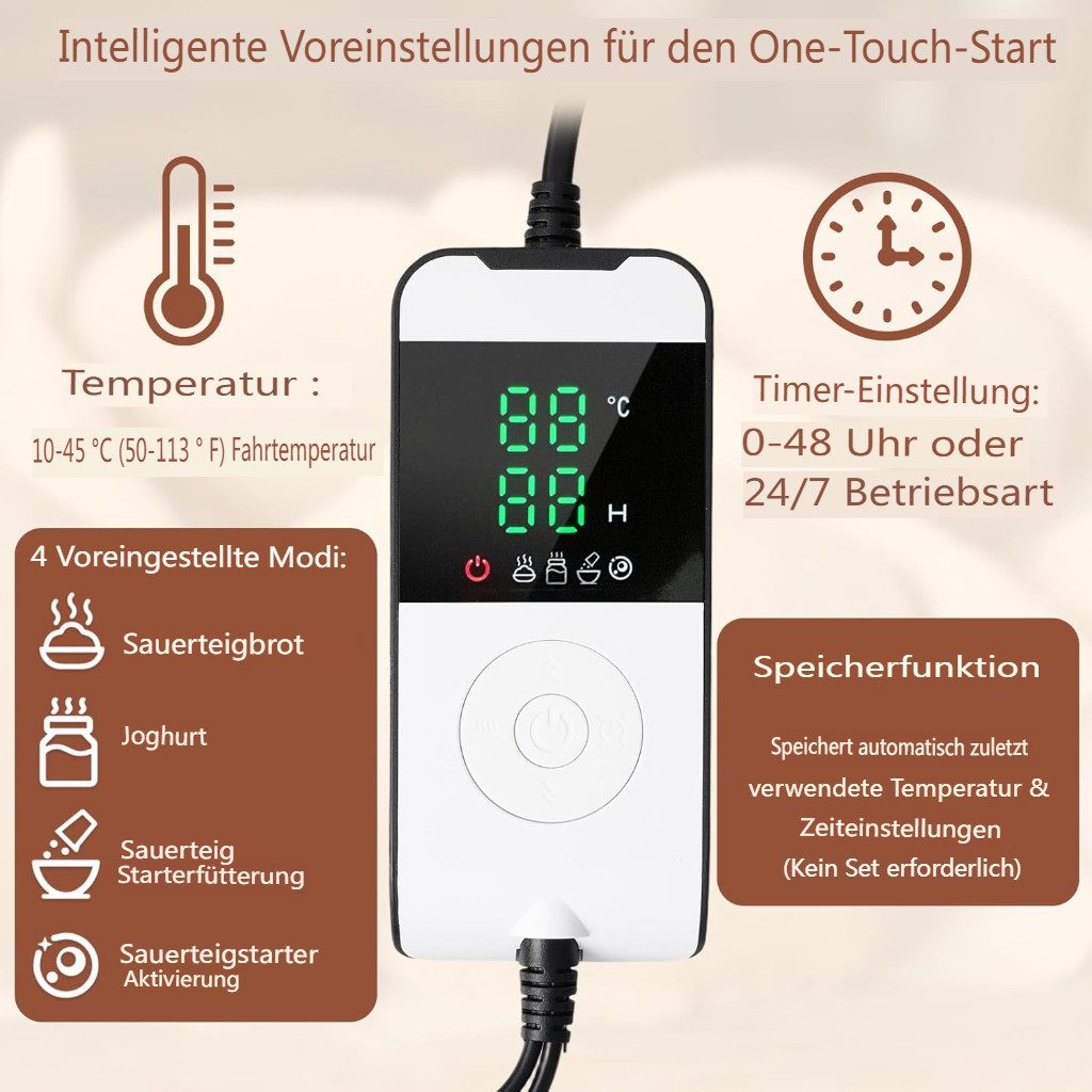 Insma Gärkorb 85W 36L Faltbare Brot-Gärbox Sauerteig Gärbox, (mit Temperaturregelung 18-45 °C, 48-Std-Timer und Edelstahlrost), zum Brotbacken Joghurt & Pizza, 40×30×30cm