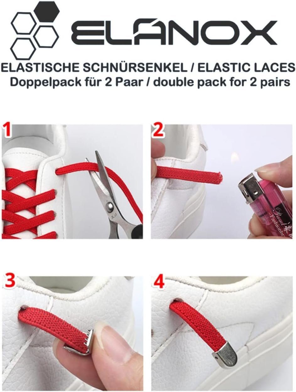 ELANOX Schnürsenkel 4 Stück für 2 Paar Schuhe elastische Schnürsenkel mit Clips, inkl. Enden (Clips) - 8 St. in silber