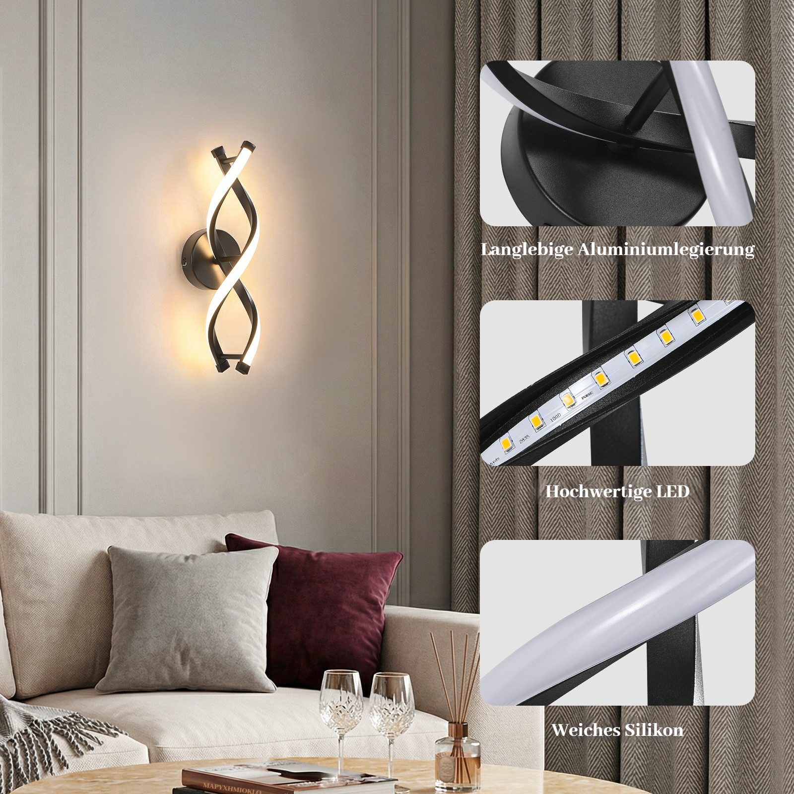 BlingBin LED Wandleuchte Wandlampe Innen 15W 1500LM für Schlafzimmer, Warmweiß, 3000K, LED fest integriert, Warmweiß, gebogene Design Wandlicht für Wohnzimmer Treppenhaus Flur
