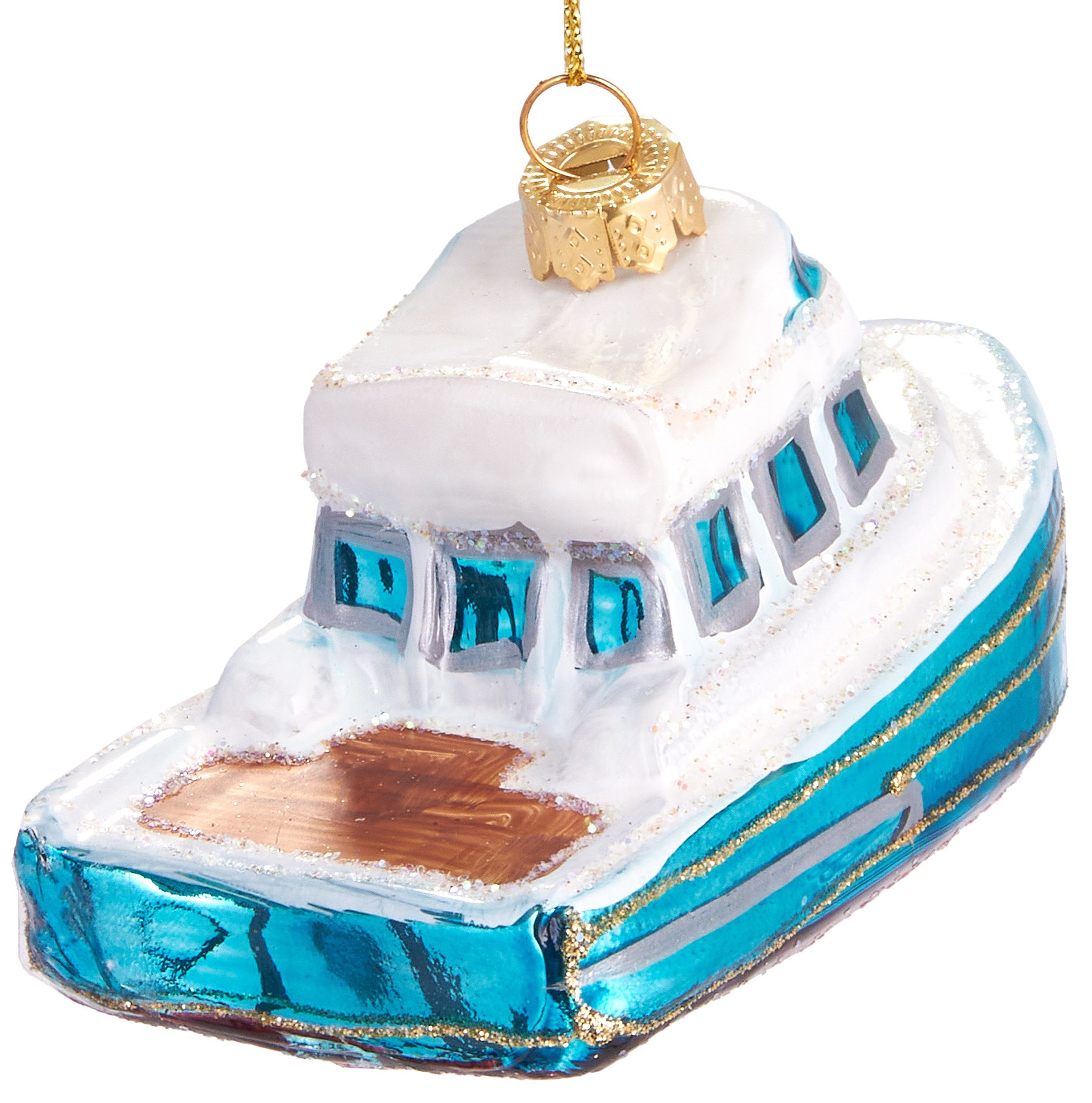 Weihnachtskugel Lustige Boot Motorboot, 10.5 Weihnachtsanhänger - cm Christbaumschmuck aus Weihnachtskugel handbemalt ca. Glas, Mundgeblasene BRUBAKER