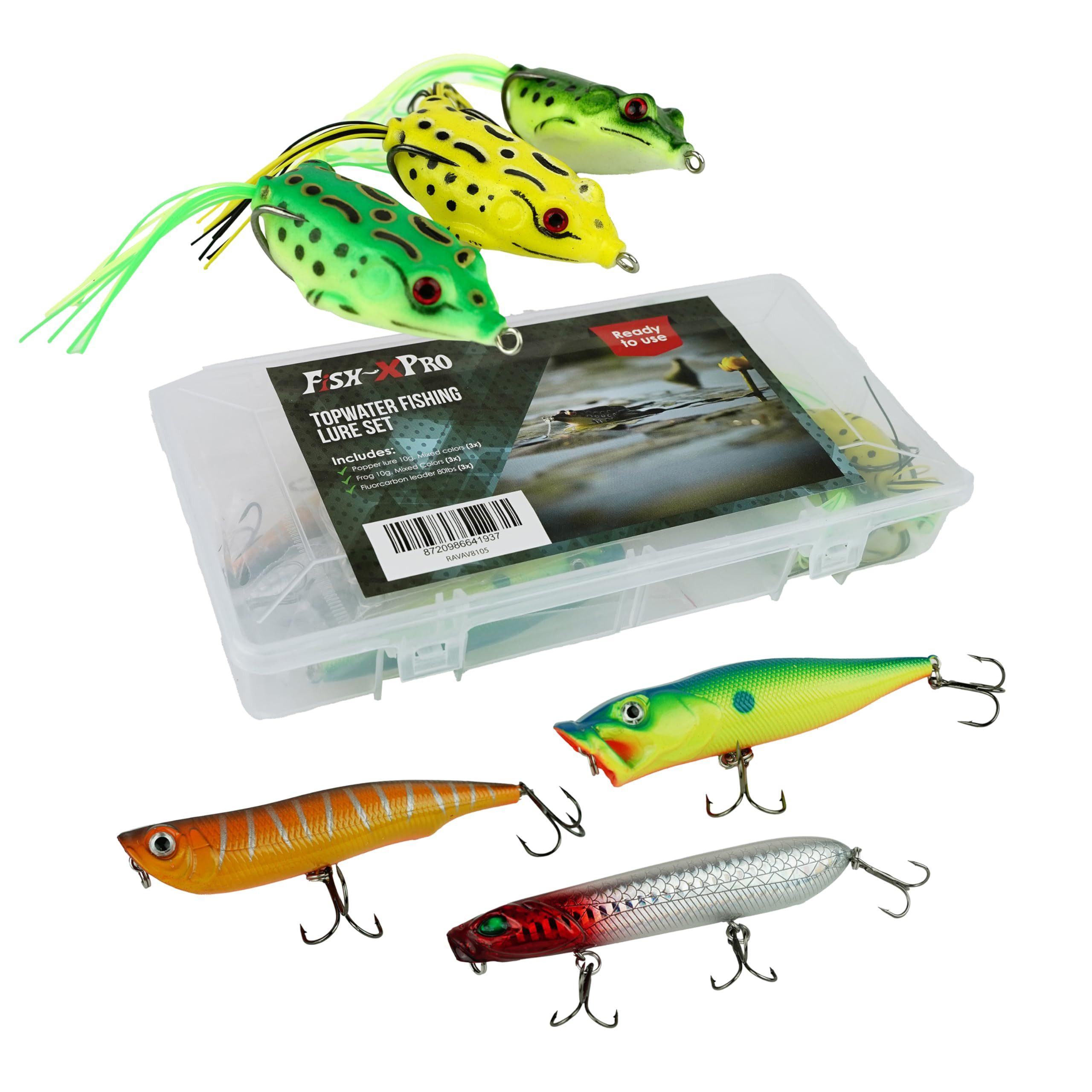 Fish-XPro Kunstköder Topwater Köderset Poppers & Frogs 6 Stück Raubfisch