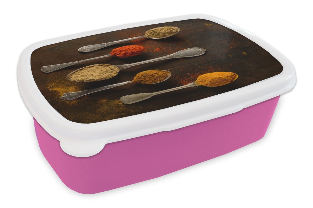 MuchoWow Lunchbox Indische Gewürze auf einem Löffel, Kunststoff, (2-tlg), Brotbox für Erwachsene, Brotdose Kinder, Snackbox, Mädchen, Kunststoff rosa