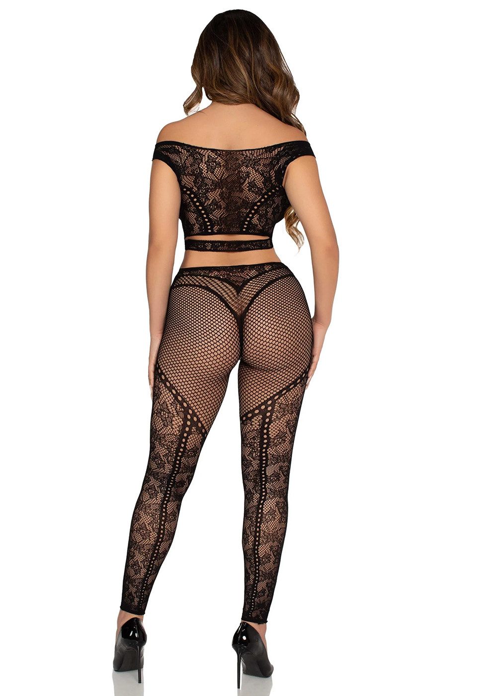 Leg Avenue Top & Leggings Schulterfreies Netz-Top und Leggings mit Muster - schwarz (2-tlg) Spitze und Netz kombiniert