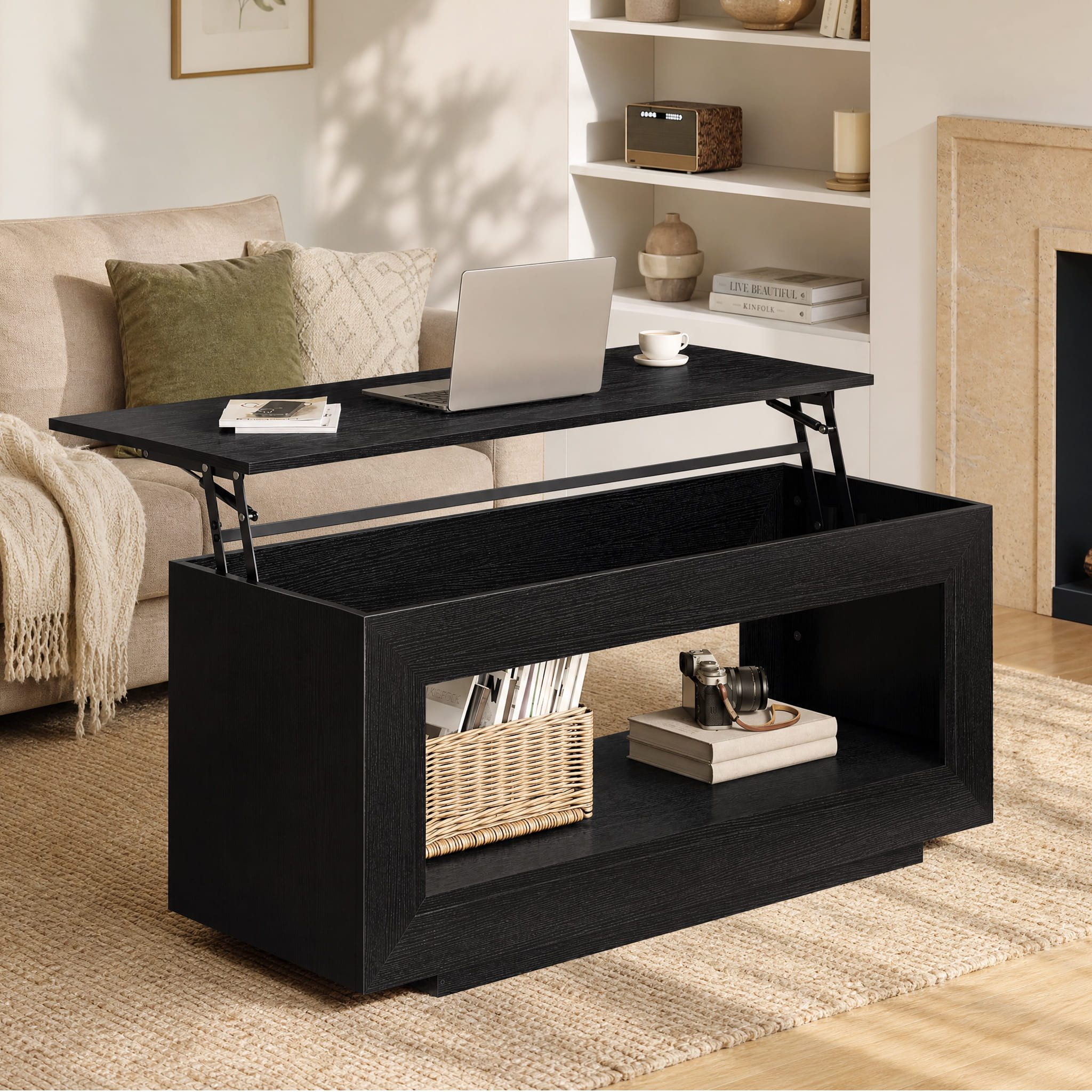 FABATO Couchtisch Multifunktionaler hebbarer Couchtisch mit Stauraum (1-St), aus Holz in Schwarz – ideal als Wohnzimmer-Mitteltisch