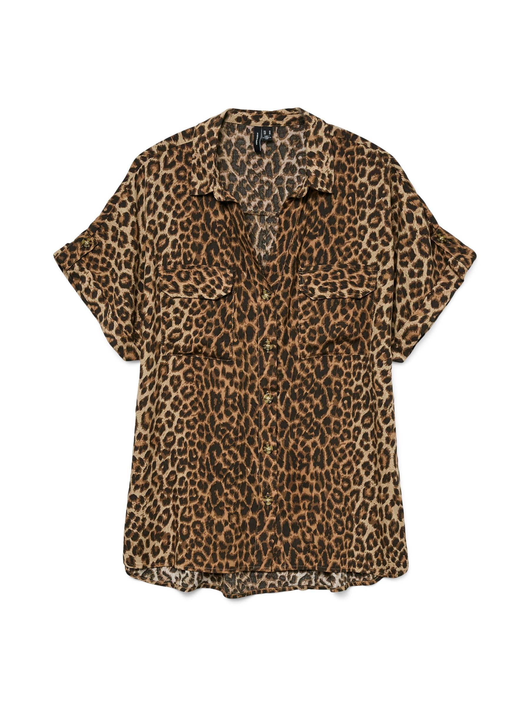 Vero Moda Blusenshirt Leopardenmuster, kurzärmelig, Vordertaschen für Damen Viskose aus verbesserter Rohstoffbeschaffung nachhaltig Kurzarm