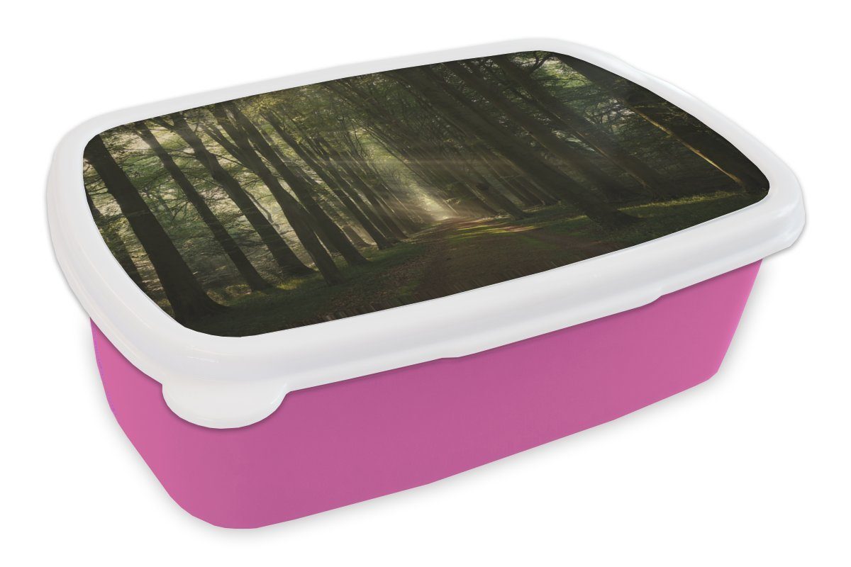 MuchoWow Lunchbox Waldweg - Sonnenstrahlen - Horizont - Bäume - Wald, Kunststoff, (2-tlg), Brotbox für Erwachsene, Brotdose Kinder, Snackbox, Mädchen, Kunststoff rosa