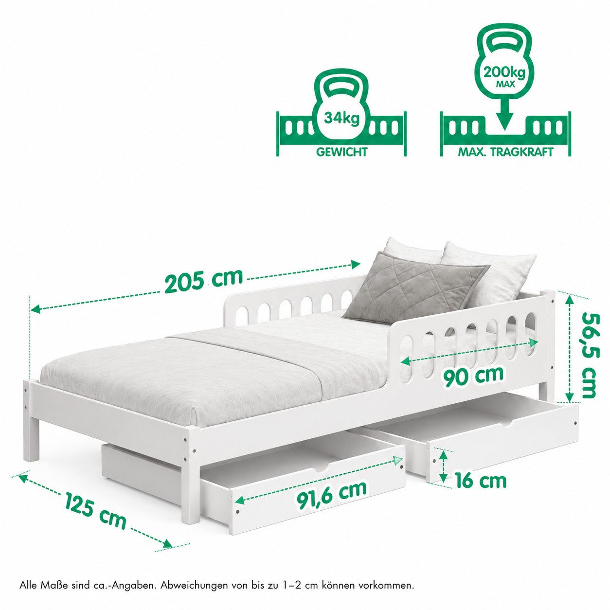 CADANI Kinderbett FINN mit Rausfallschutz, Roll-Lattenrost - bis 200 kg belastbar (120x200 cm Jugendbett, Weiß, mit Schubladen, inkl. Roll-Lattenrost), Stauraum – Bild 3 von 4