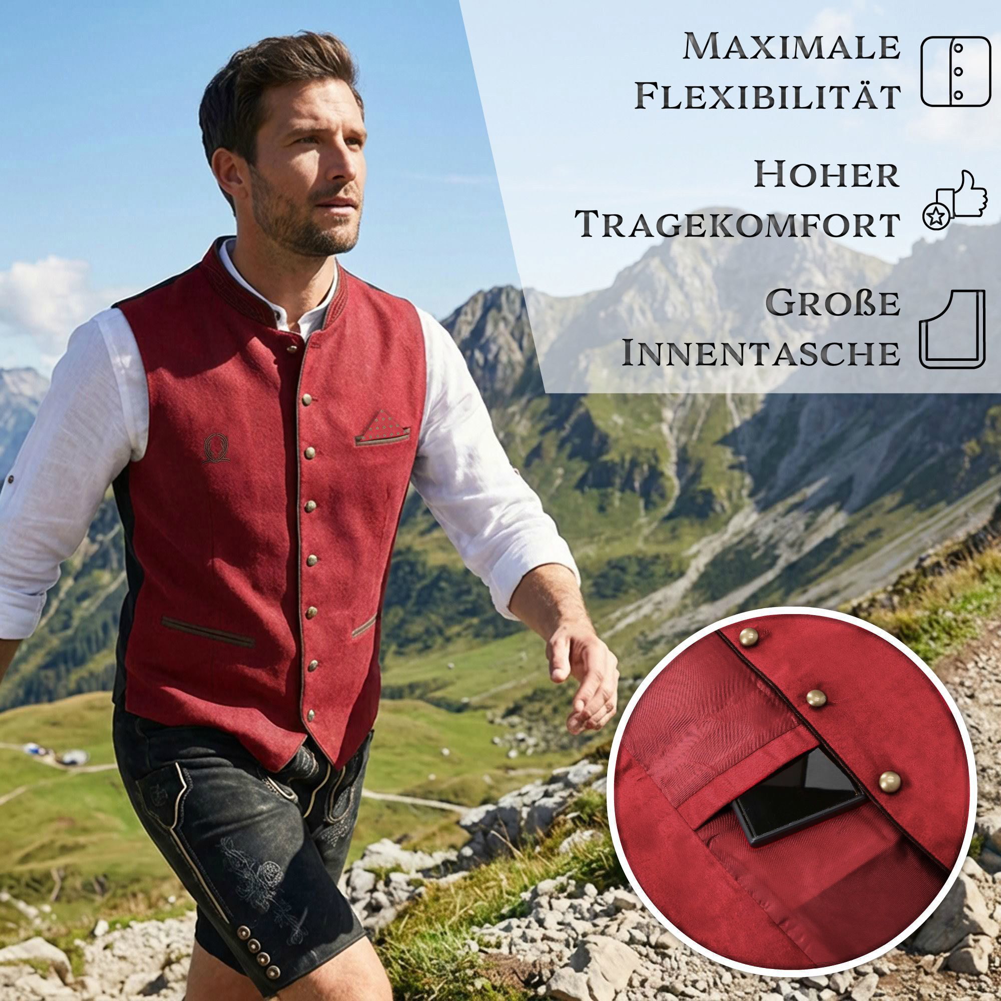 Steigenhöfer Manufaktur Trachtenweste Herren in Samtoptik - Verstellbarer Rückenriegel - Tiefe Taschen Traditionelle Kugelknöpfe - Einstecktuch - Für Oktoberfes – Bild 4 von 5