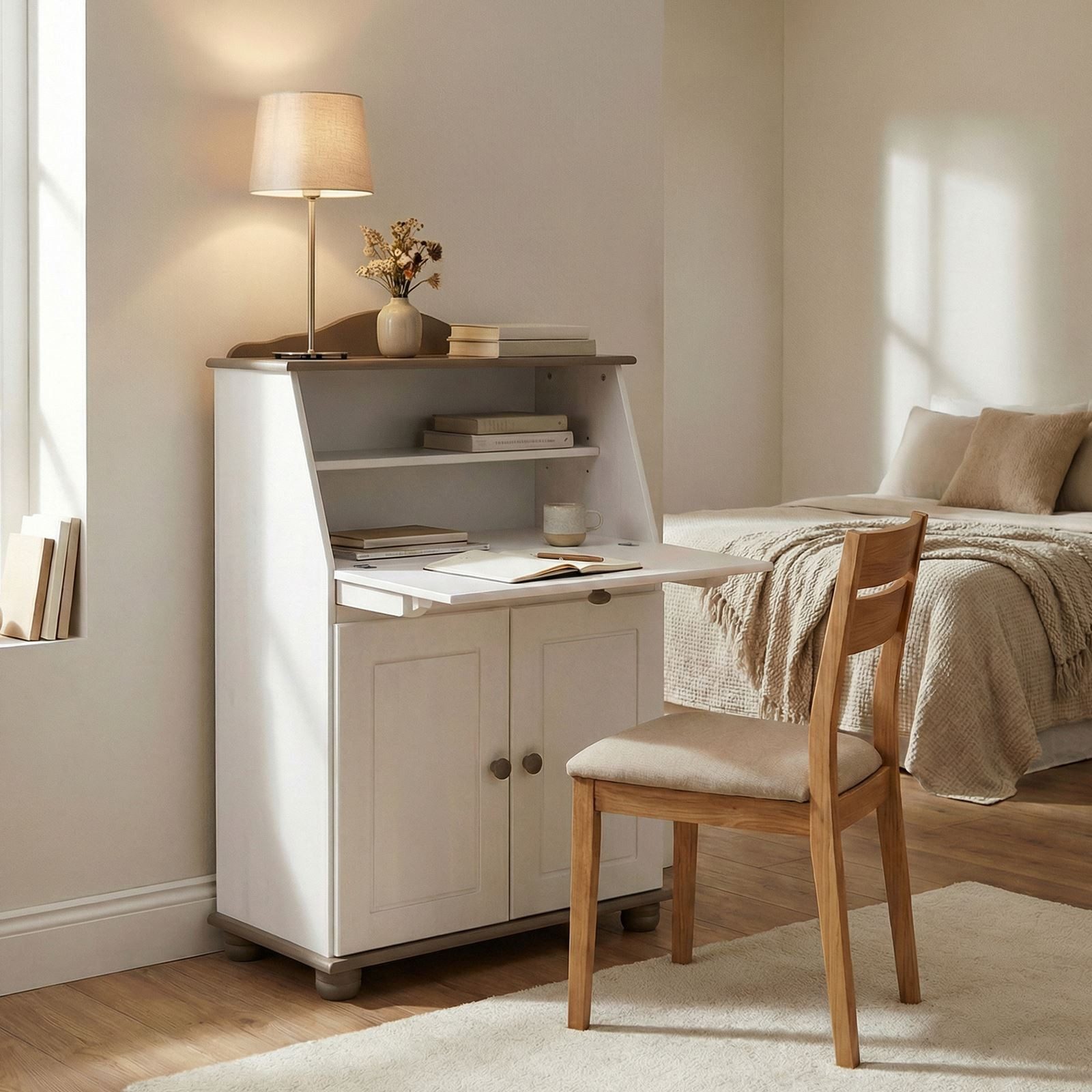 IDIMEX Sekretär DAVID, Schreibtisch im Landhausstil aus Massivholz mit Stauraum Taupe/Weiß