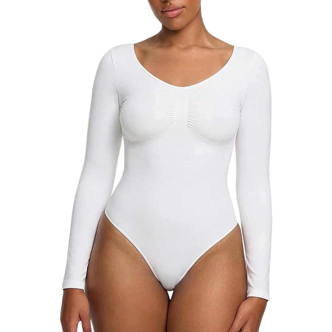 cfab by creamy fabrics Miederbody Bodysuit Sculpting Shapewear Longsleeve mit String-Weiß-5XL (1-tlg) Figurformend