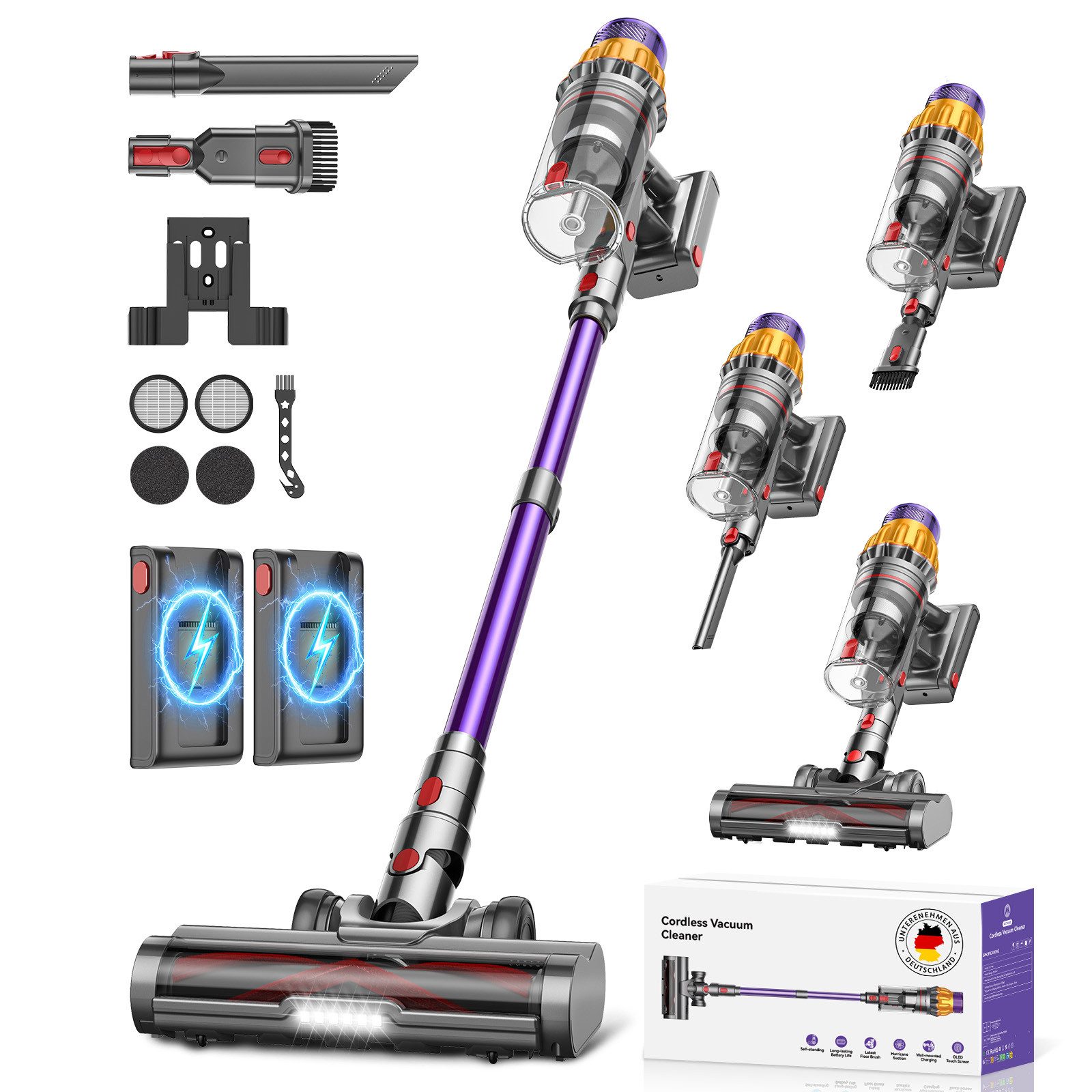 FOSMET Akku-Hand-und Stielstaubsauger 85000Pa Akku Staubsauger 750W/160Min, 2,6L Staubsauger Kabellos, 50dB leise/11-Stufen-Filter/OLED Display,Ideal für Böden/Teppiche/Auto