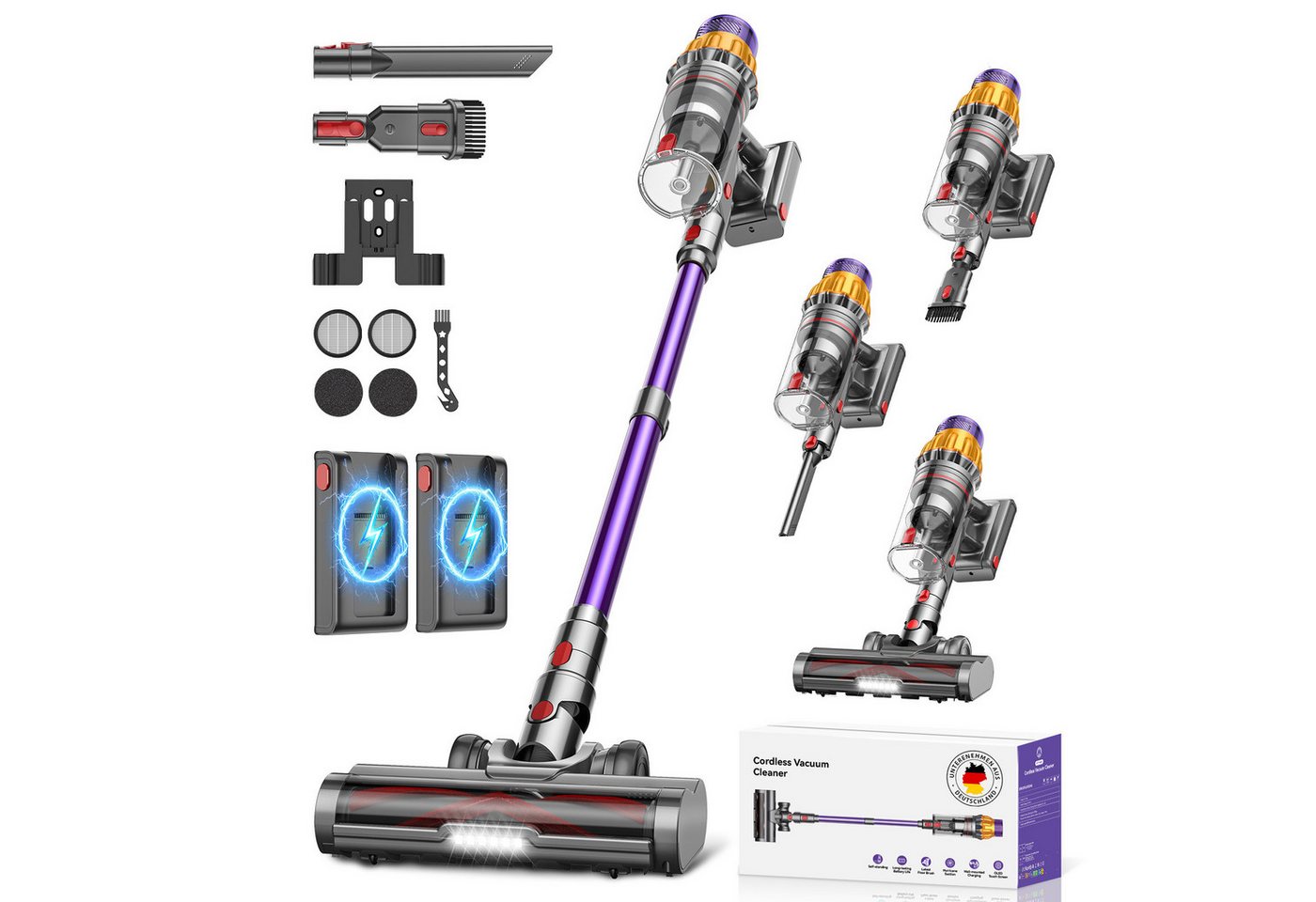 DyMona Akku-Hand-und Stielstaubsauger 88000Pa Akkustaubsauger mit 2 Akkus/750W/160Min Staubsauger Kabellos, 2,6L Staubbehälter, 50dB leise/11-Stufen-Filter/OLED Display,Ideal für Böden/Teppiche/Auto