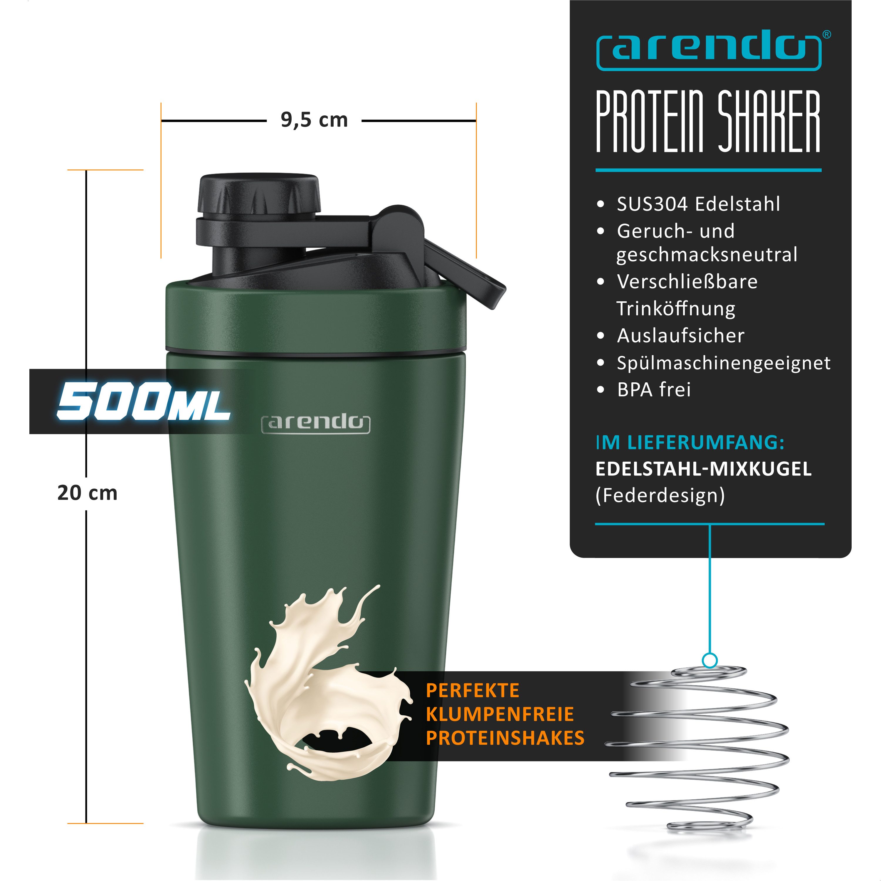 Arendo Protein Shaker Edelstahl Eiweißshaker 500 ml, verschließbar, bruchfest, BPA-frei, Edelstahl, (1-tlg), auslaufsicher, spülmaschinengeeignet, mit Tragegrif – Bild 2 von 5