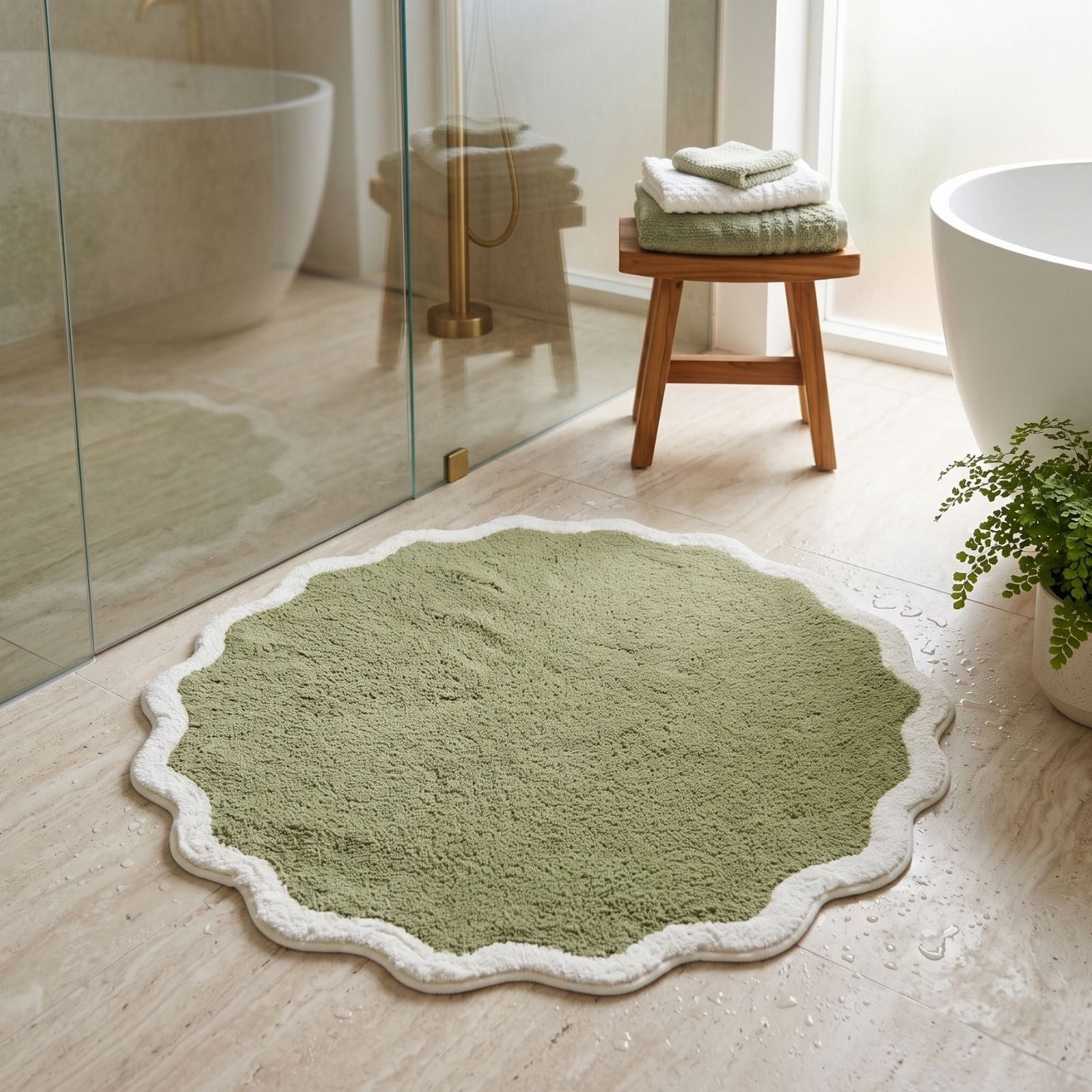 Homescapes Badematte Badematte rund mit Wellenrand 70 cm - Runder Badteppich grün, Höhe 10 mm, 70 cm – Bild 3 von 5