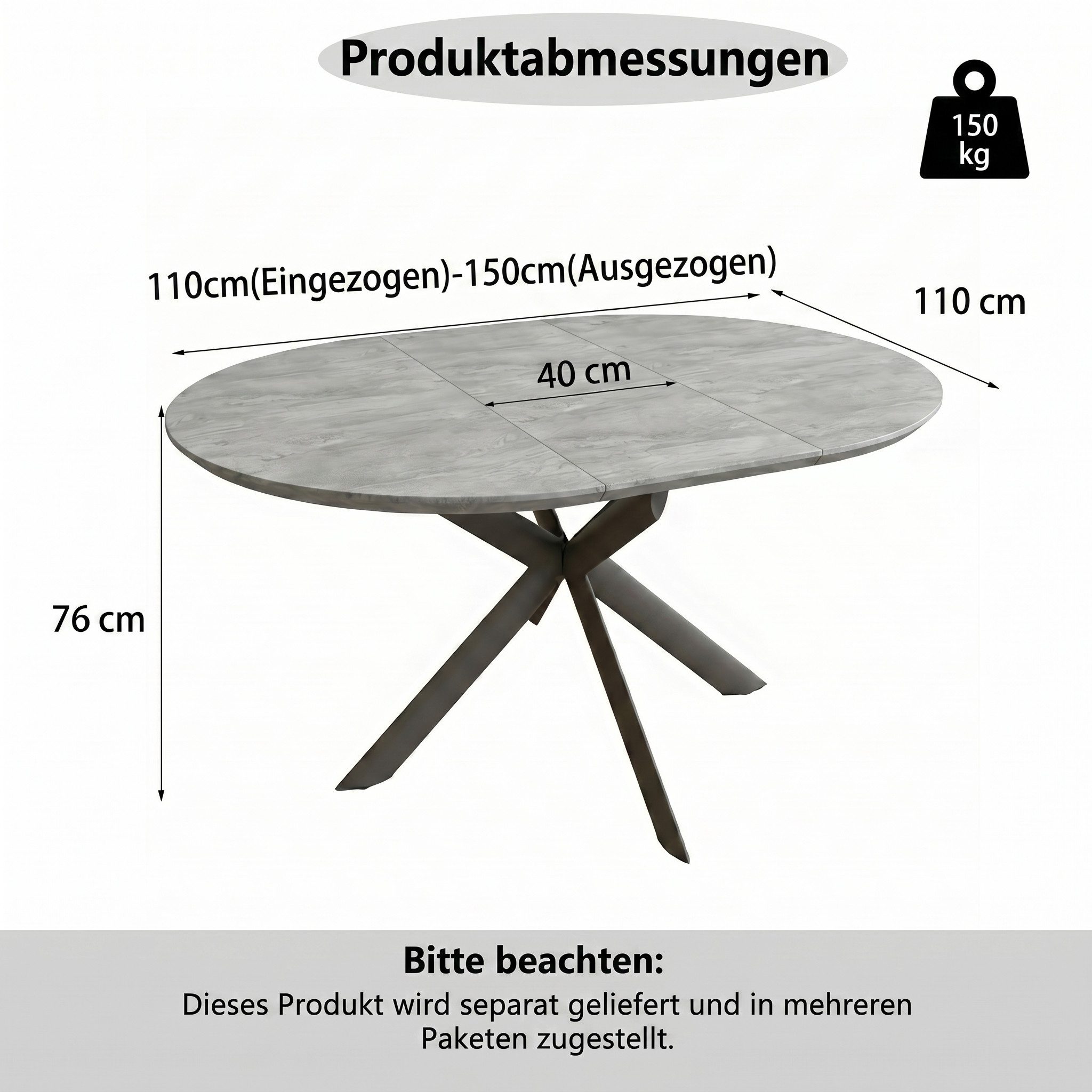 Jiexi Esstisch Esstisch ausziehbar rund bis oval MDF-Platte mit X-Metallgestell