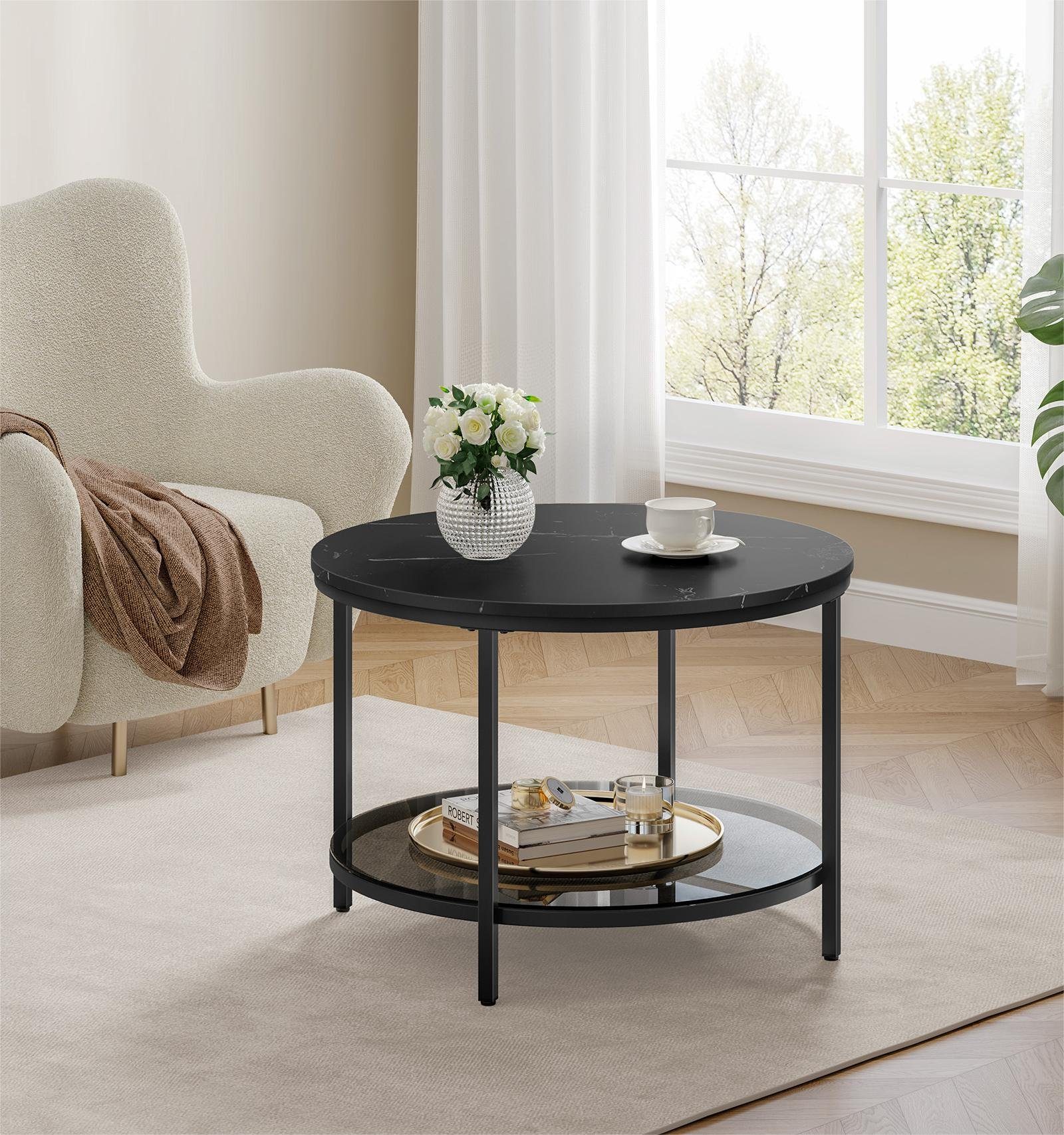VASAGLE Couchtisch, Beistelltisch, Ø 65/80 x 46cm, Marmoroptik, Hartglasablage unten
