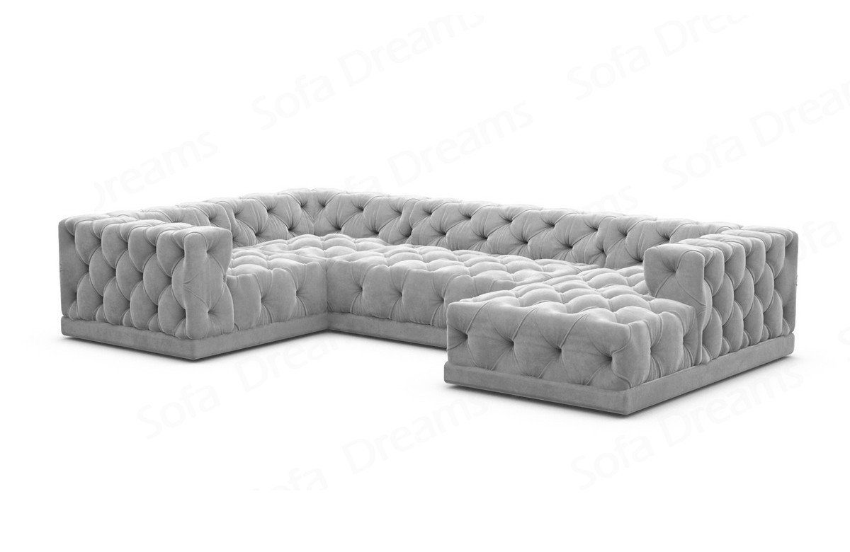 Sofa Dreams Wohnlandschaft Sofa hellgrau84 Palma Stoff Samtstoff Designer Stil Loungesofa, Chesterfield Form U Stoffsofa