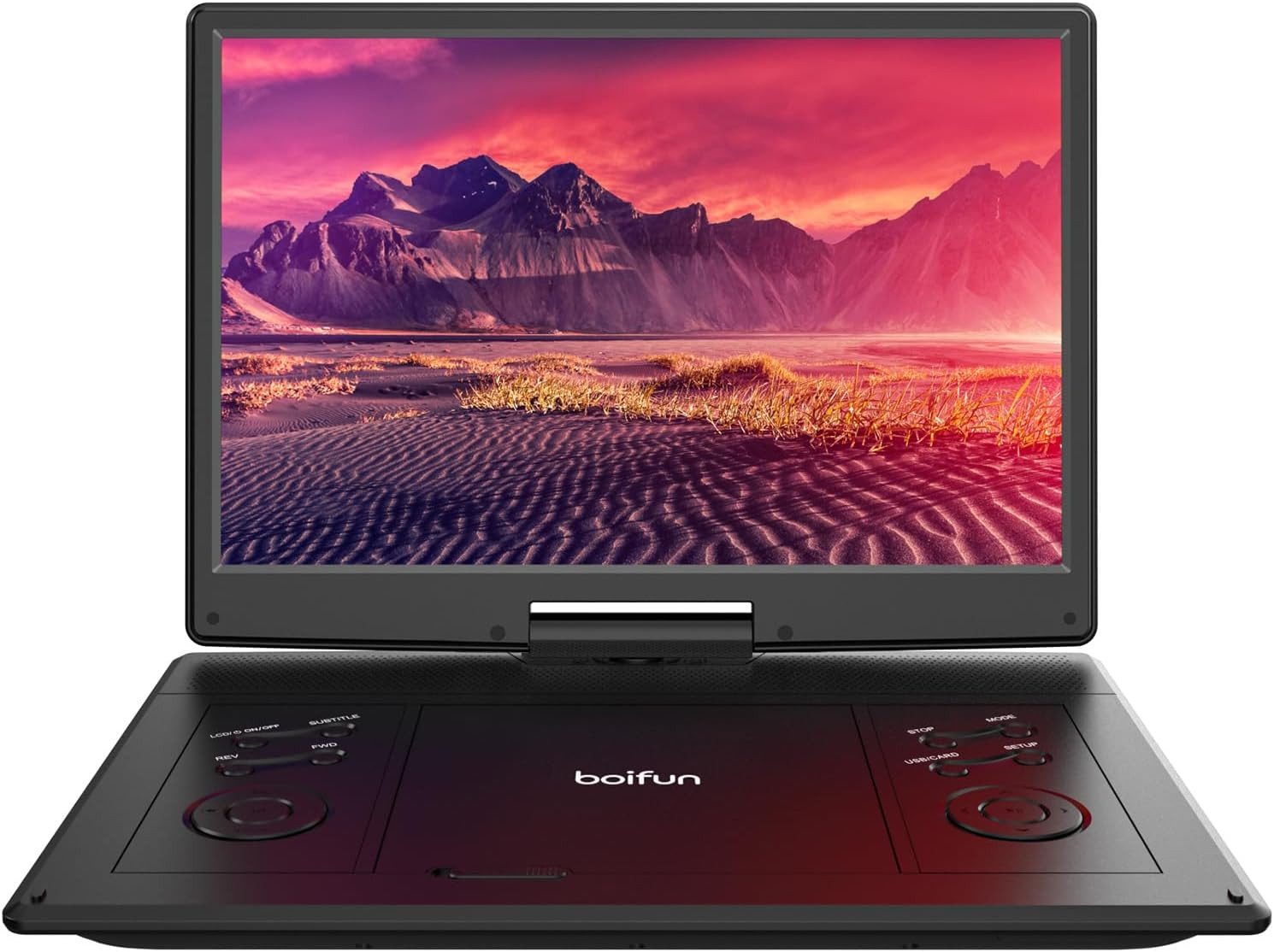 Boifun 15,7" Tragbarer DVD Player mit 14,1 Zoll HD Schwenkbaren Bildschirm Portabler DVD-Player (1366*768 resolution, unterstützt alle Regionen, mehrere Regionen, mehrere Disc-Formate, 32 GB Festplatte, Unterstützt FM-Transmitter, Sync-TV, USB, TF-Karte)