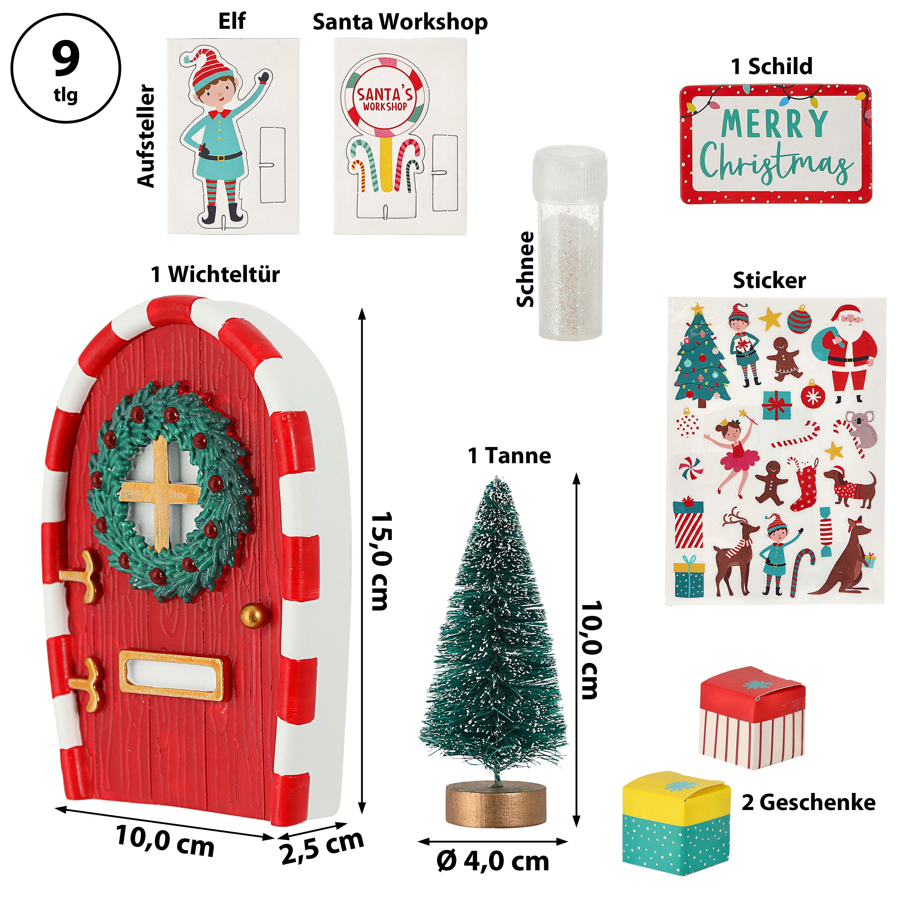 CEPEWA Dekoobjekt Wichteltür DIY Set 9tlg.Tür Tanne Schnee Elf Türmatte Schild Sticker