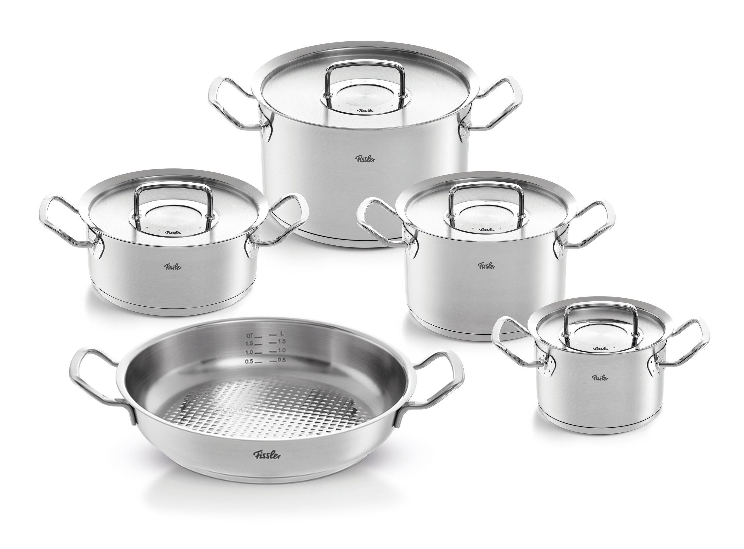 Fissler Topf-Set ORIGINAL-PROFI COLLECTION® Edelstahl-Topfset, Edelstahl 18/10 (9-tlg., Bratentopf 20 cm, je 1 Fleischtopf 16/20/24 cm, Servierpfanne 28 cm), mit breitem Schüttrand, Kaltmetallgriffen. Made in Germany, Induktion