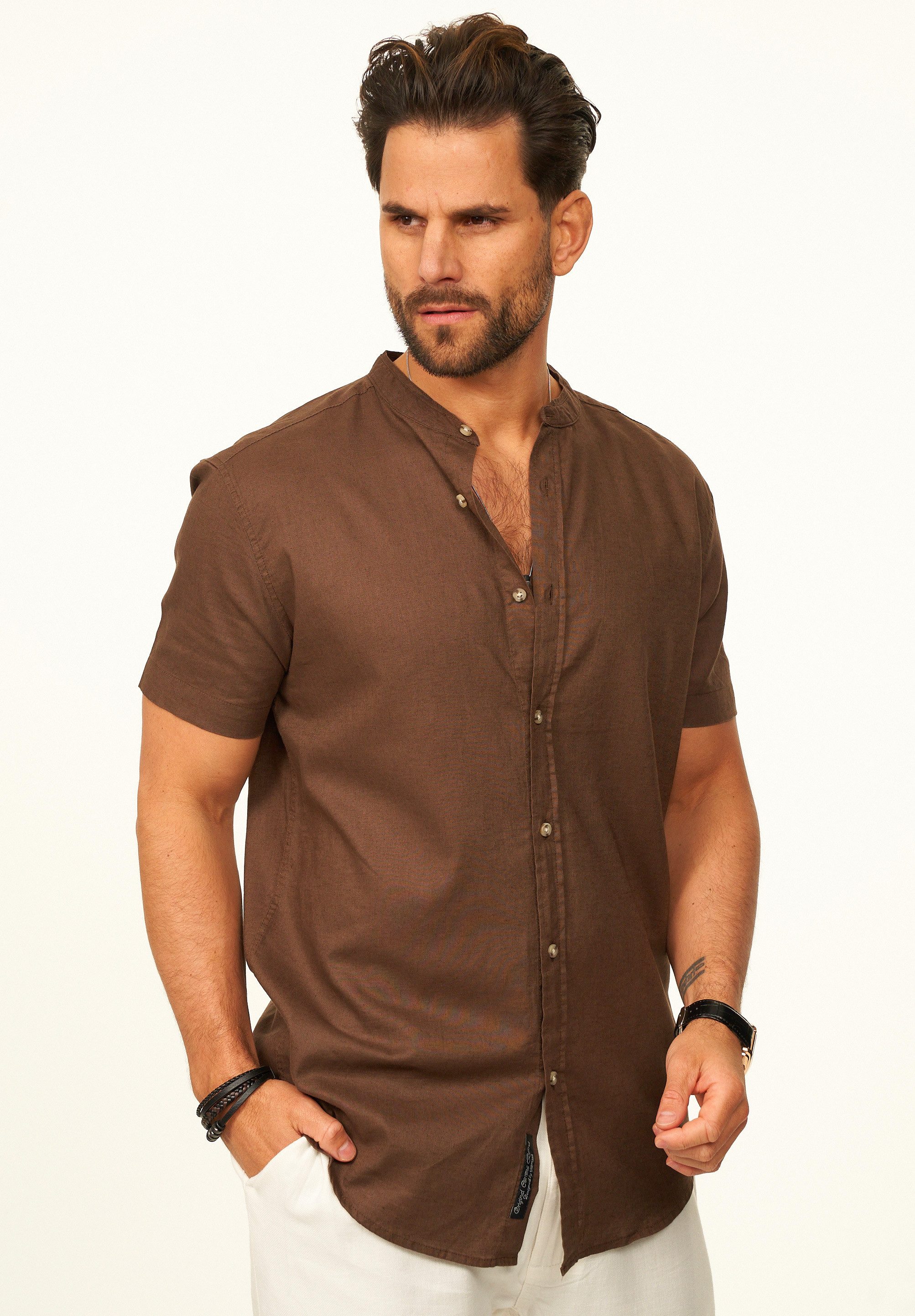 behype Kurzarmhemd als Sommerhemd aus Leinen im Regular-Fit Herren Leinenhemd Freizeithemd mit Stehkragen