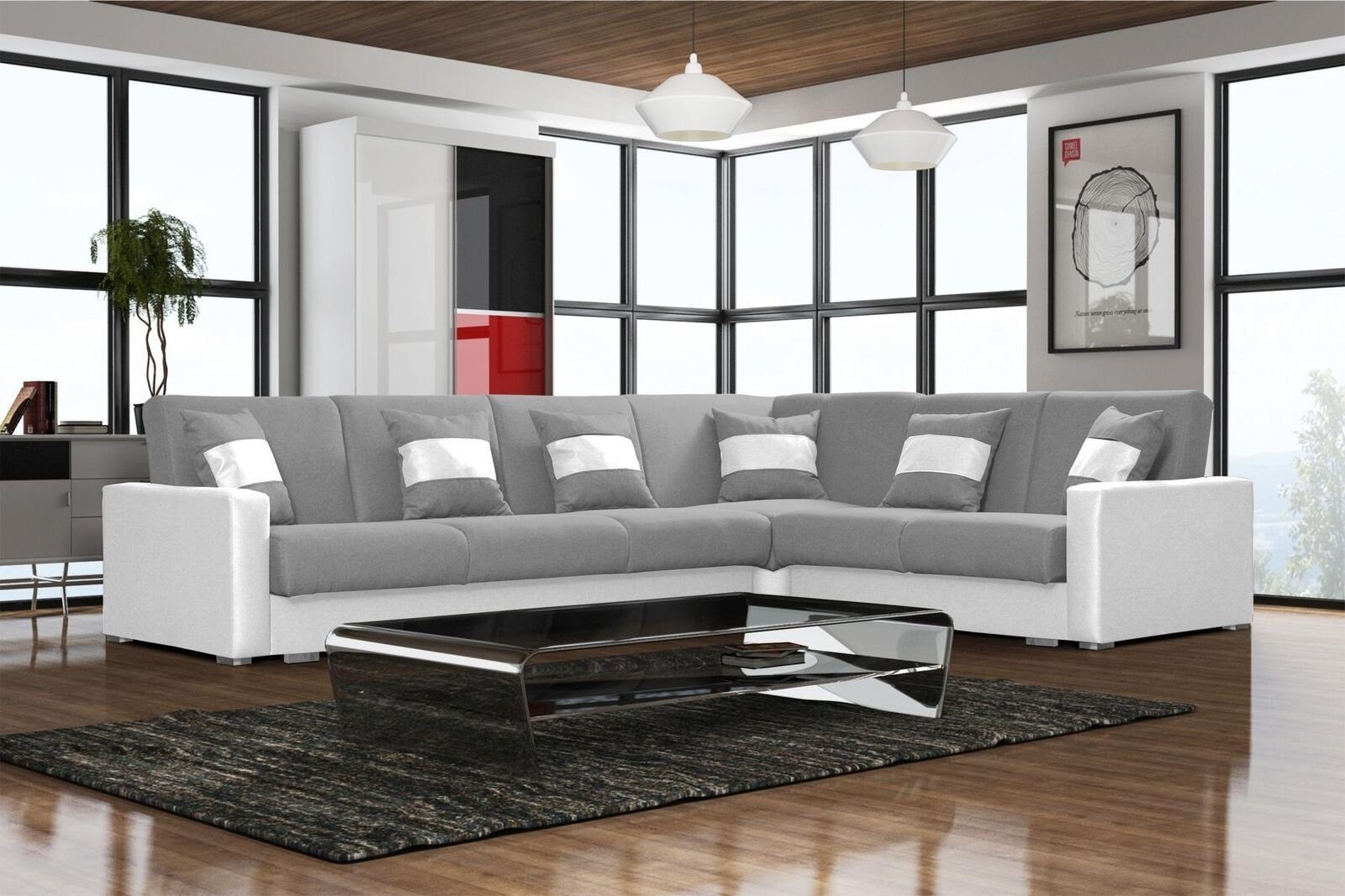 Sofa Sofa L-form Grau/Weiß Neu Textil Design Sofas Ecksofa, JVmoebel Wohnlandschaft Couch Lounge