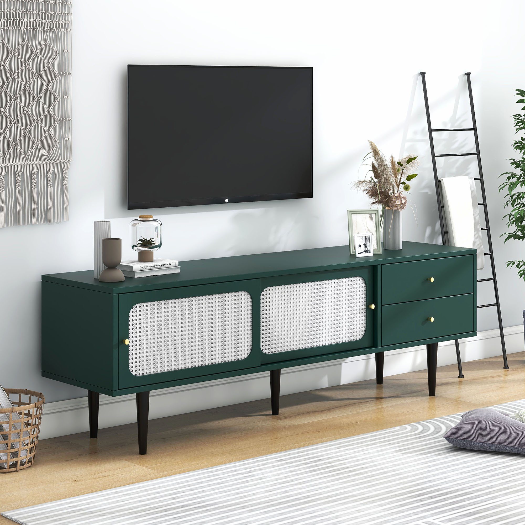 Odikalo TV-Schrank TV-Ständer 2 Rattan-Schiebetüren 2 günstig online kaufen