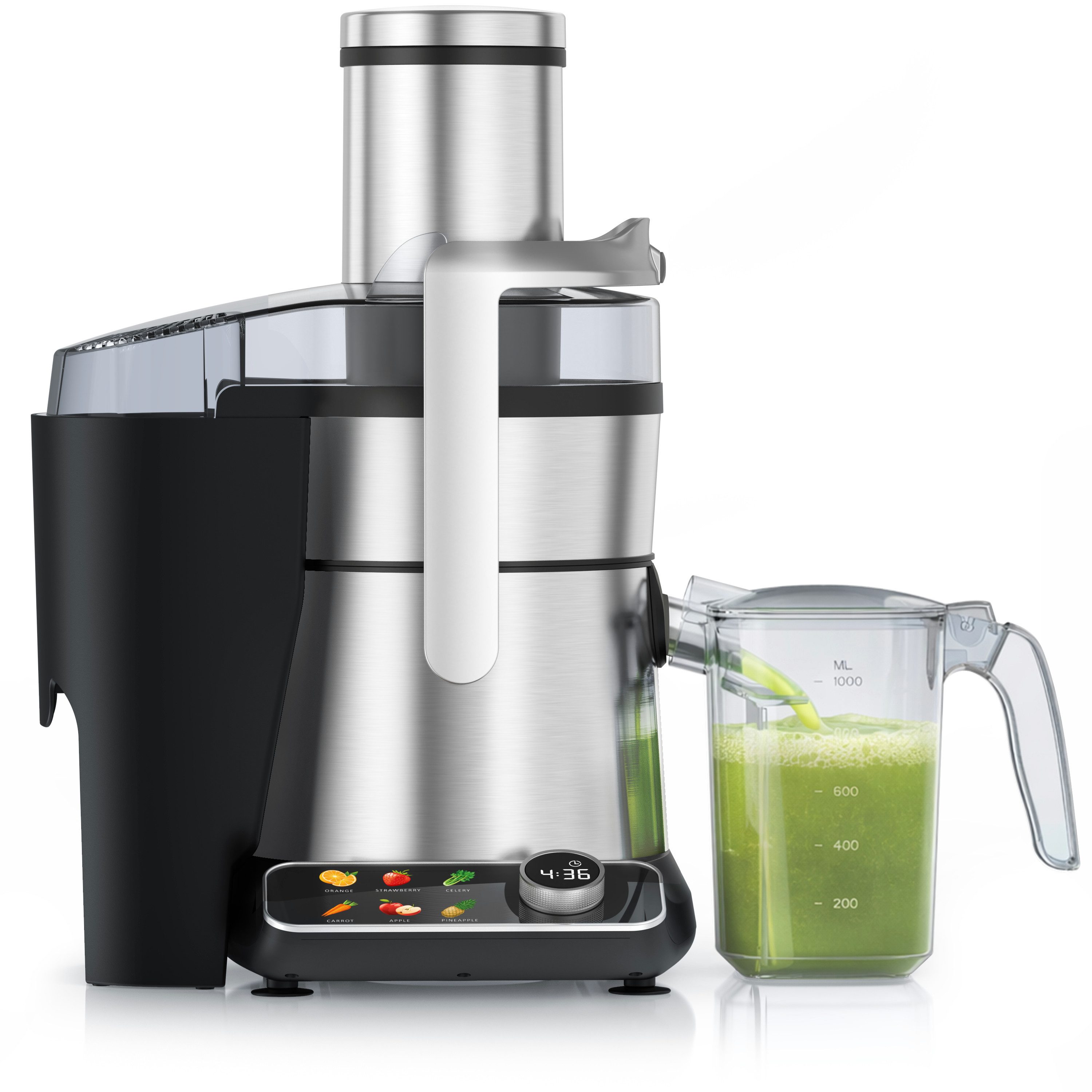 Arendo Zentrifugenentsafter Zentrifugaler Edelstahl Entsafter digital für Obst & Gemüse, BPA Frei, 1000 W, 85mm XXL-Einfüllschacht, 6 Programme, Display, Tropfstopp, Farbsymbole