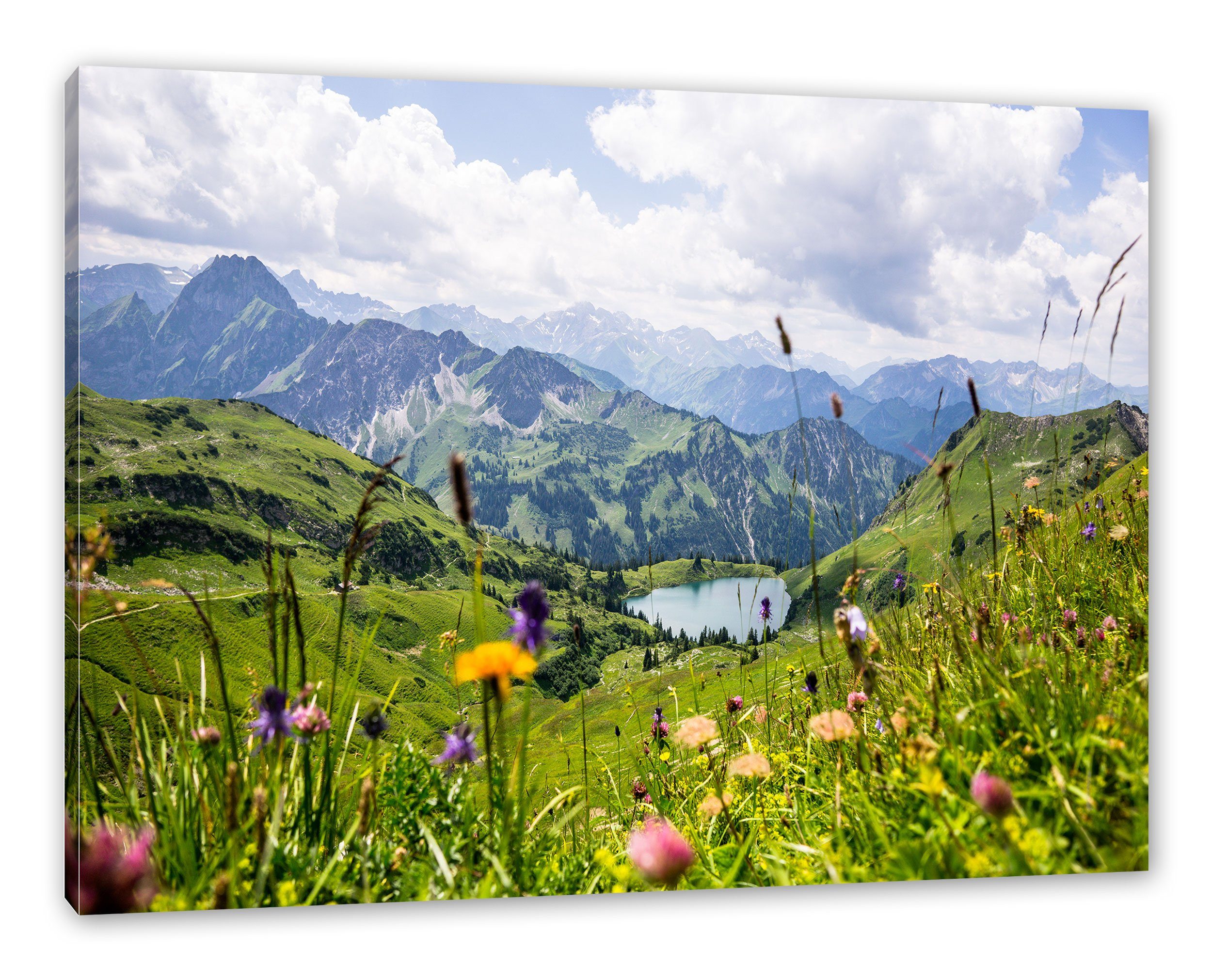 Wiesenblumen in in Leinwandbild den fertig Pixxprint den St), Bergen Wiesenblumen Leinwandbild (1 Bergen, bespannt, inkl. Zackenaufhänger