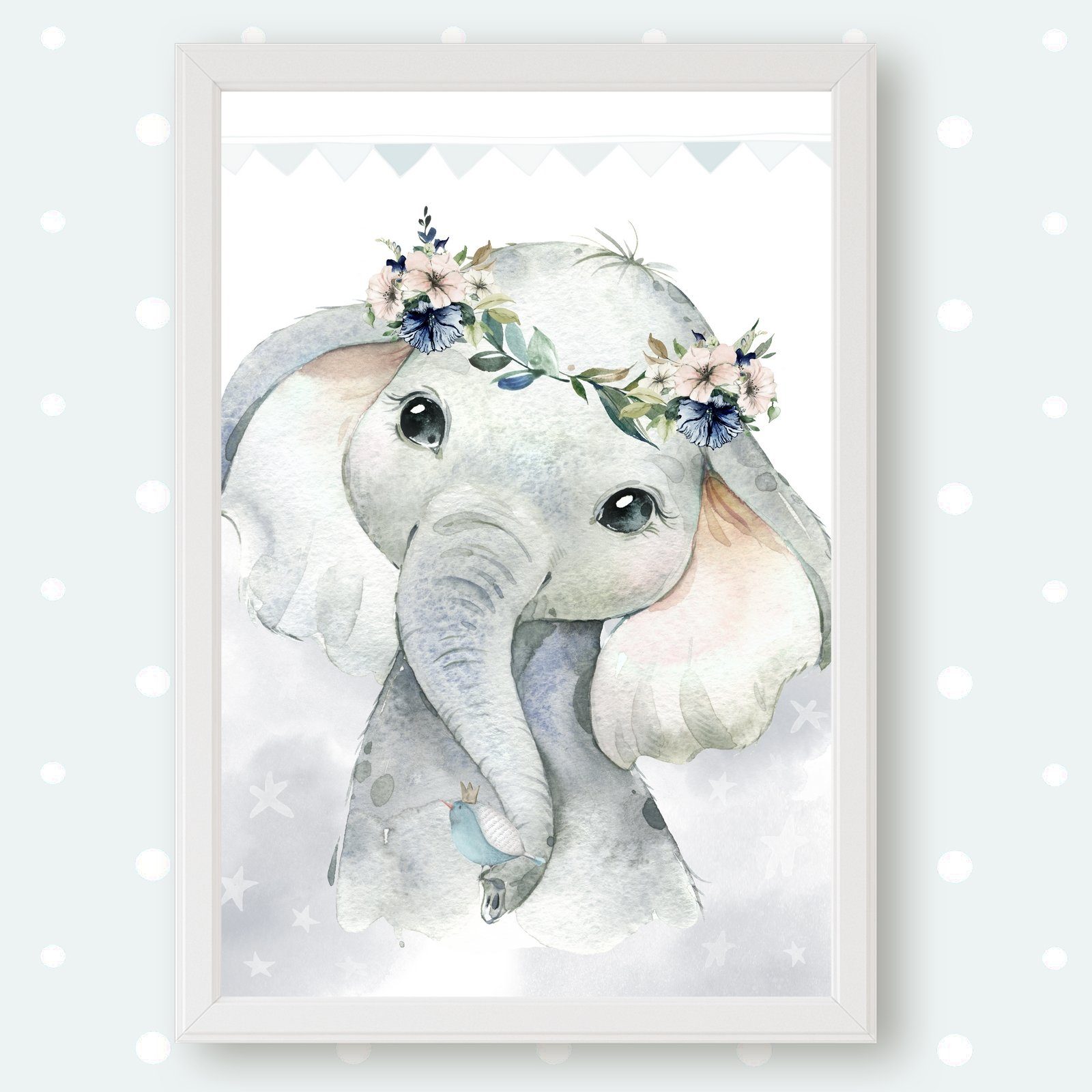 homestyle-accessoires Poster Bilderset Kinderbilder SCHLAF GUT KLEINER ENGEL ELEFANT4er SET, - Ohne Bilderrahmen - sorgfältige & sichere Verpackung