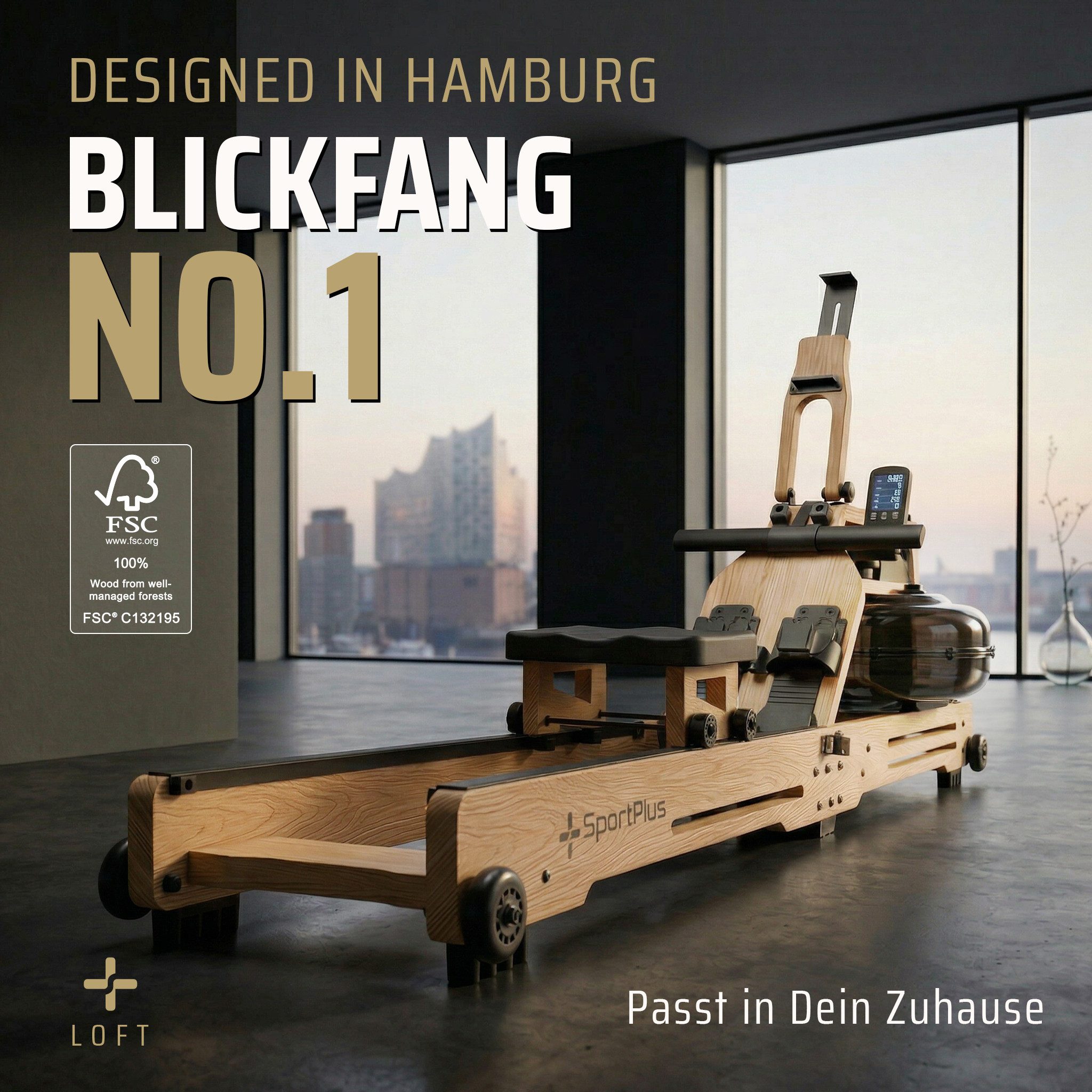 SportPlus Rudergerät klappbar für zuhause, Wasser, Holz Eiche, mit App, platzsparend, Klappbares Wasserrudergerät, Natur Massivholz, Design Holzrudergerät