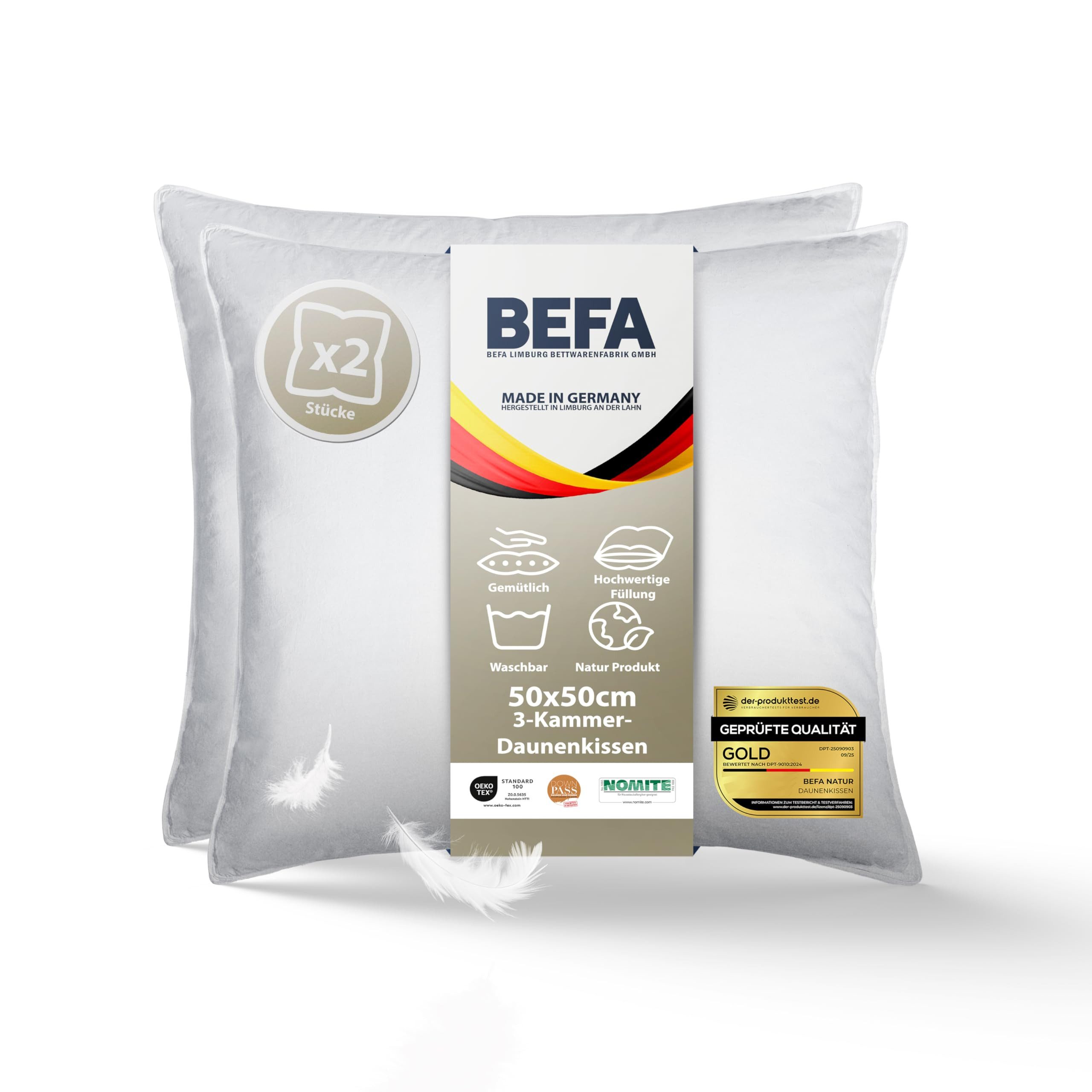 BEFA NATUR 3-Kammer-Kopfkissen TRÄUM SÜß - 3-Kammer-Kopfkissen Premium-Daunenkomfort, Füllung: Außen: 90% Daunen, 10% Federn - Innen: 100% Federn, Bezug: Baumwolle, Seitenschläfer, Rückenschläfer, Bauchschläfer, Spar-Set, Himmlisch weiche Premium-Daune fü
