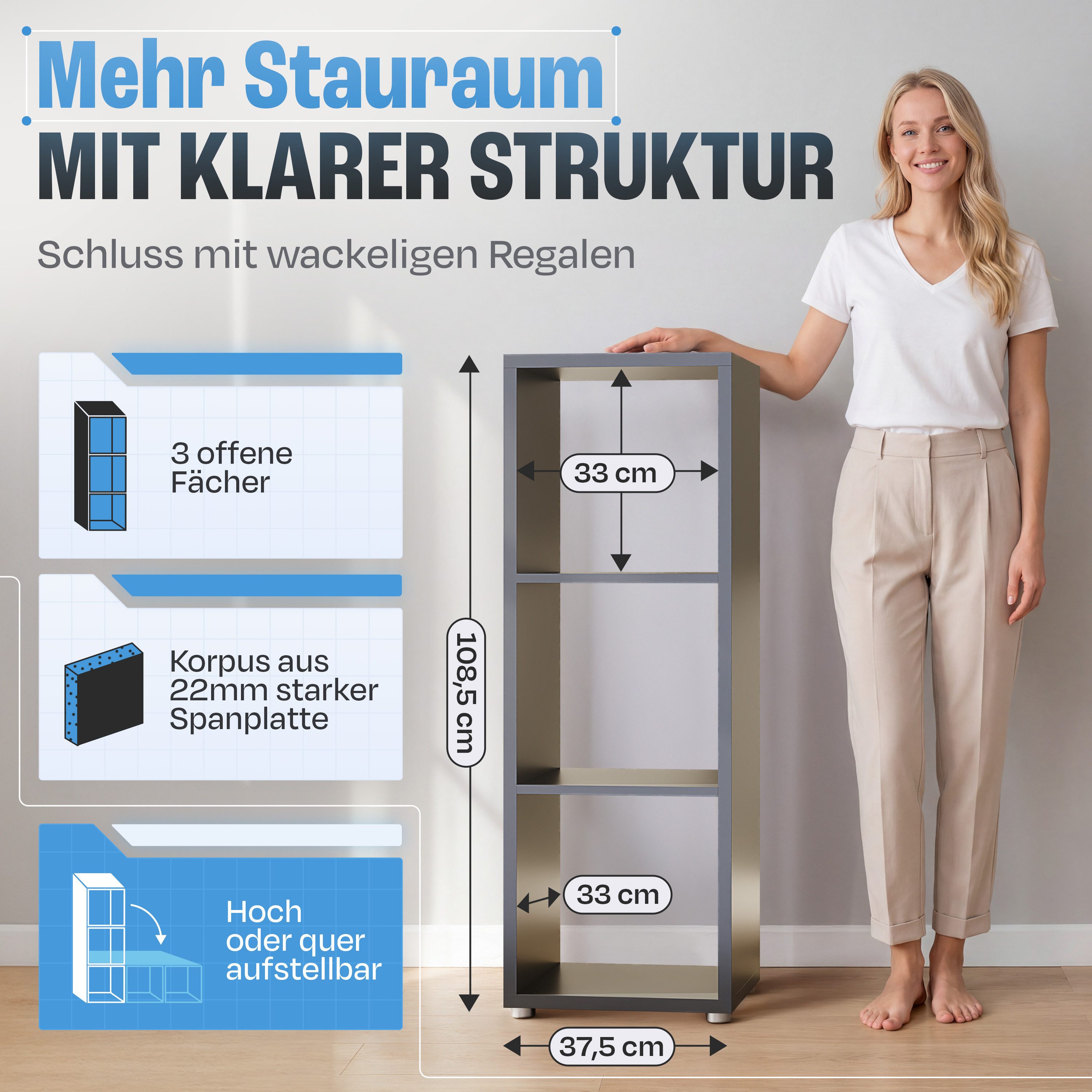 BMG Möbel Standregal NIZZA, Aktenregal, Würfel, Säulen Regal mit 3 Fächern, Made in Germany