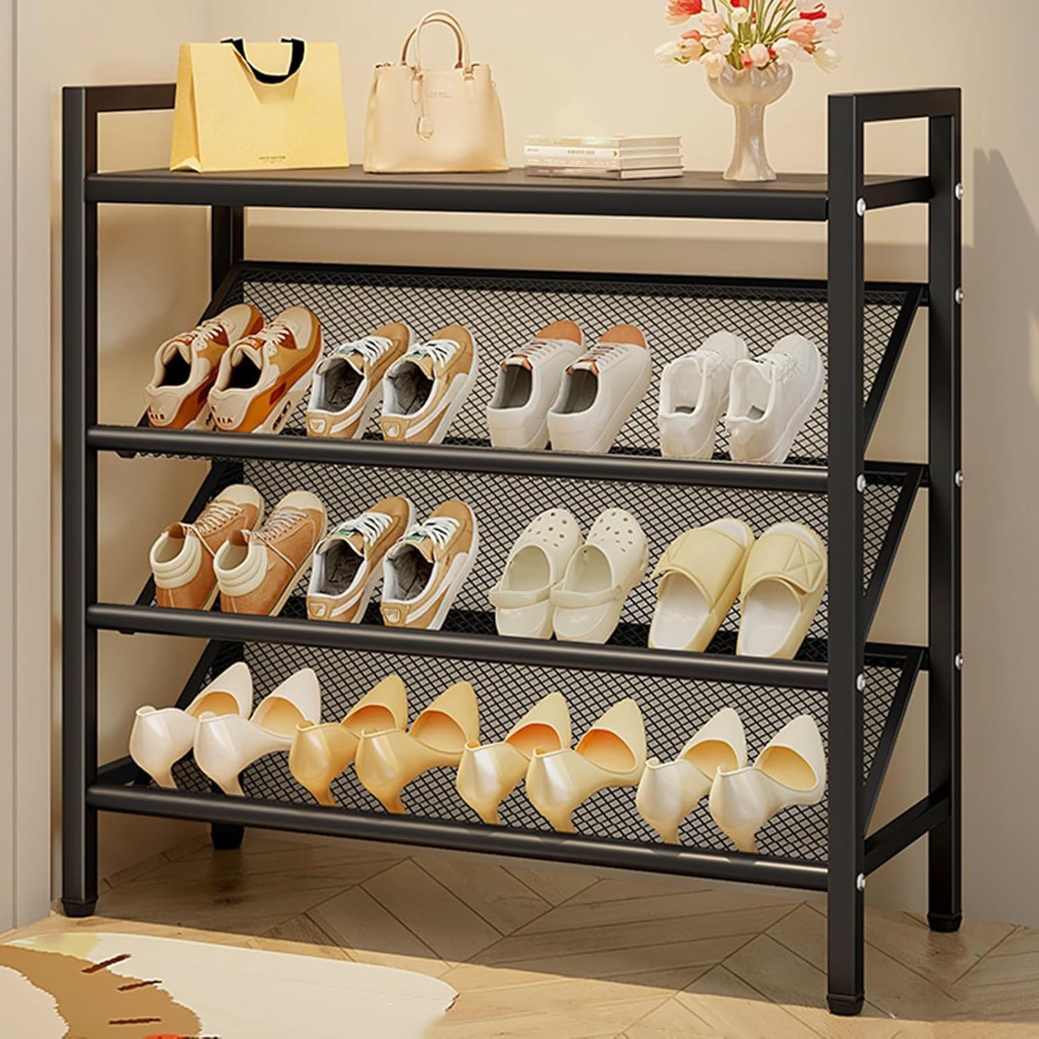 BlingBin Schuhregal Schmal, Metall Schuhablage mit 4 Ebenen für Eingangsbereich, 1er Set 1-tlg., Geeignet für Schlafsaal, Miethaus, Balkon, Stapelbar Und Schmal