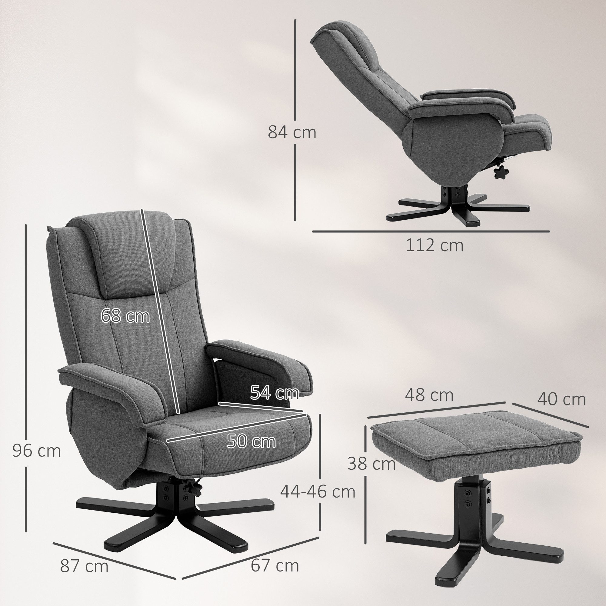 HOMCOM Relaxsessel mit Hocker Fernsehsessel mit Verstellbar Rückenlehne (Relaxsessel mit Hocker, 2-St., TV-Sessel), mit Samtoptik für Wohnzimmer, Dunkelgrau