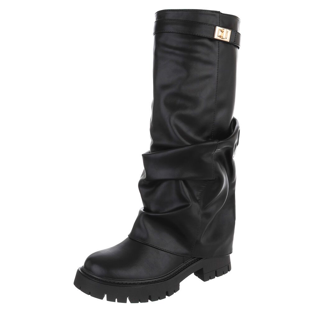 Ital-Design Kniehohe Damenstiefel mit Profilsohle und Riemendetail Plateaustiefel (92392237) Blockabsatz Stiefel in Schwarz