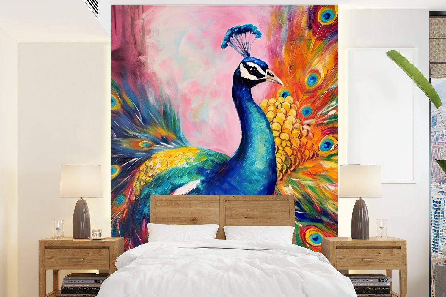 - Fototapete (4 Matt, Montagefertig Wohnzimmer, bedruckt, für Wandtapete Regenbogen, - MuchoWow Pfau Tiere Vinyl Tapete - St), Malerei