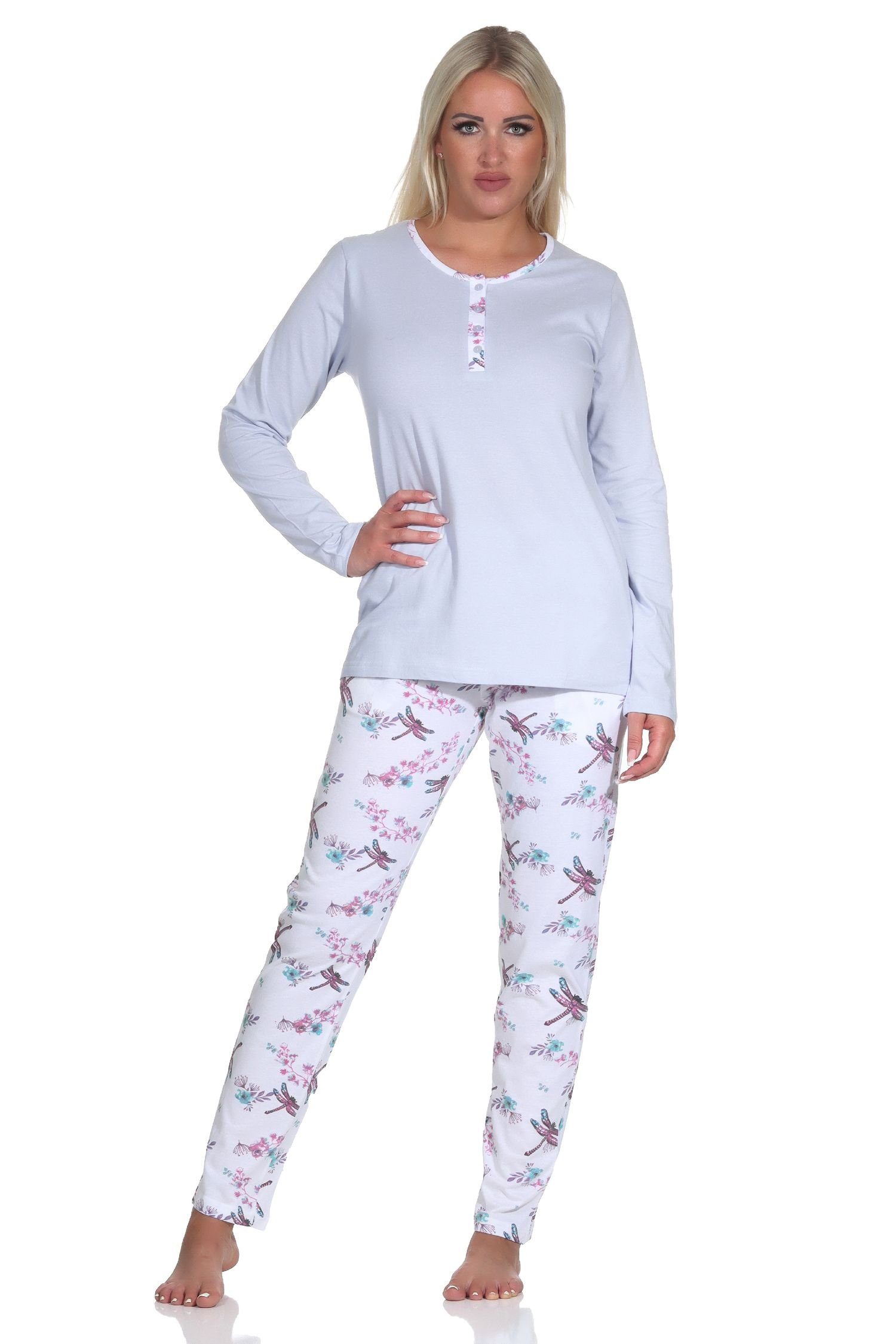 Normann Pyjama Damen Schlafanzug langarm Pyjama mit Pyjamahose in floralem Print hellblau