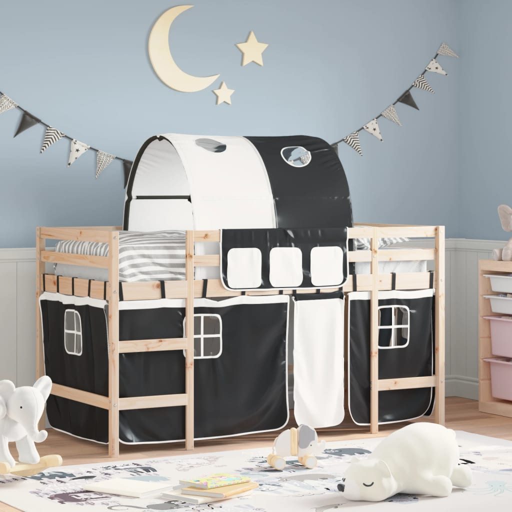 vidaXL Bett Kinderhochbett mit Tunnel Weiß & Schwarz 80x200 cm Kiefernholz