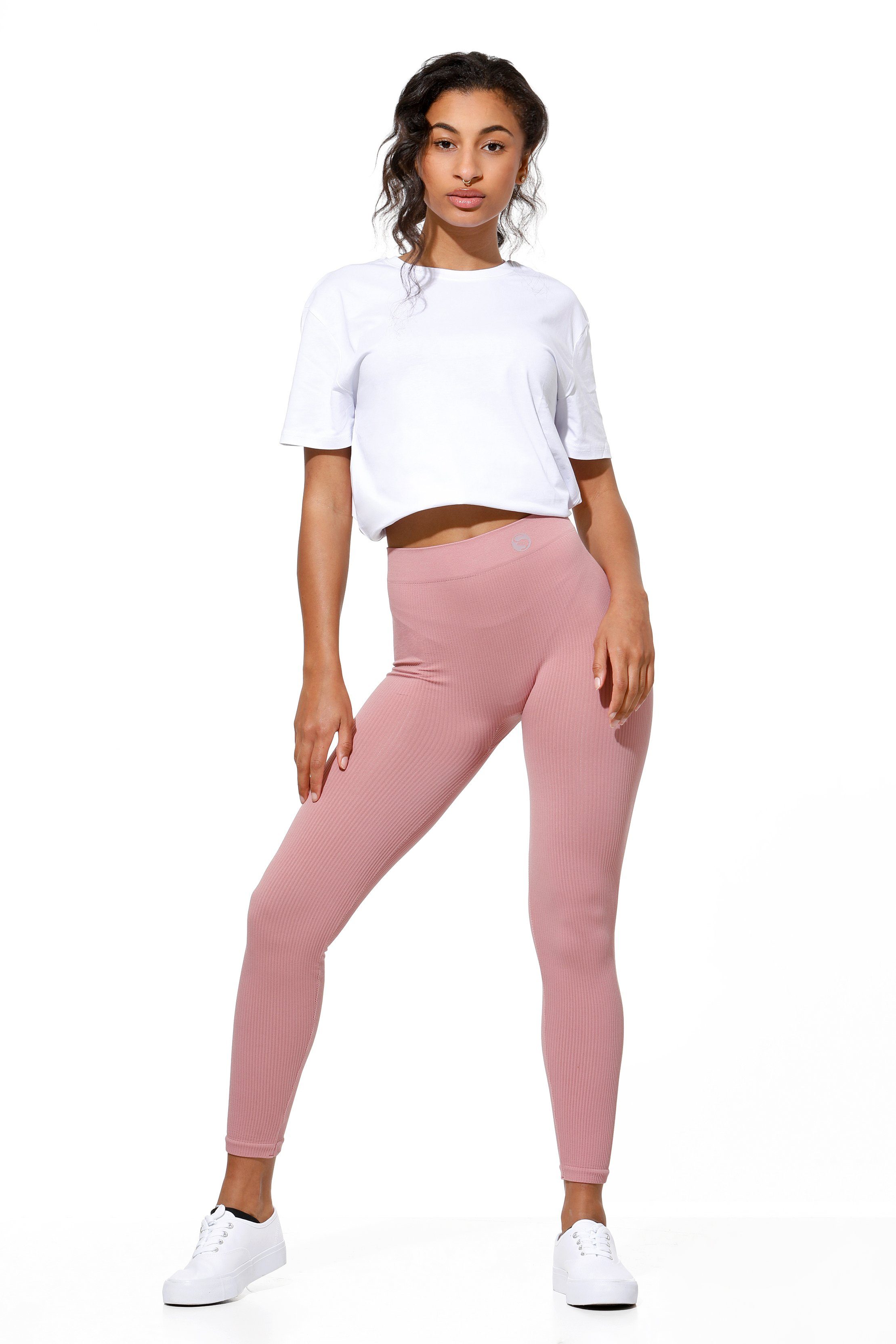 Stark Soul® Leggings Ribbed Leggings für Damen, Fitness-Leggings, Jogginghose mit elastischem Bund und Zwickelnaht Altrosa