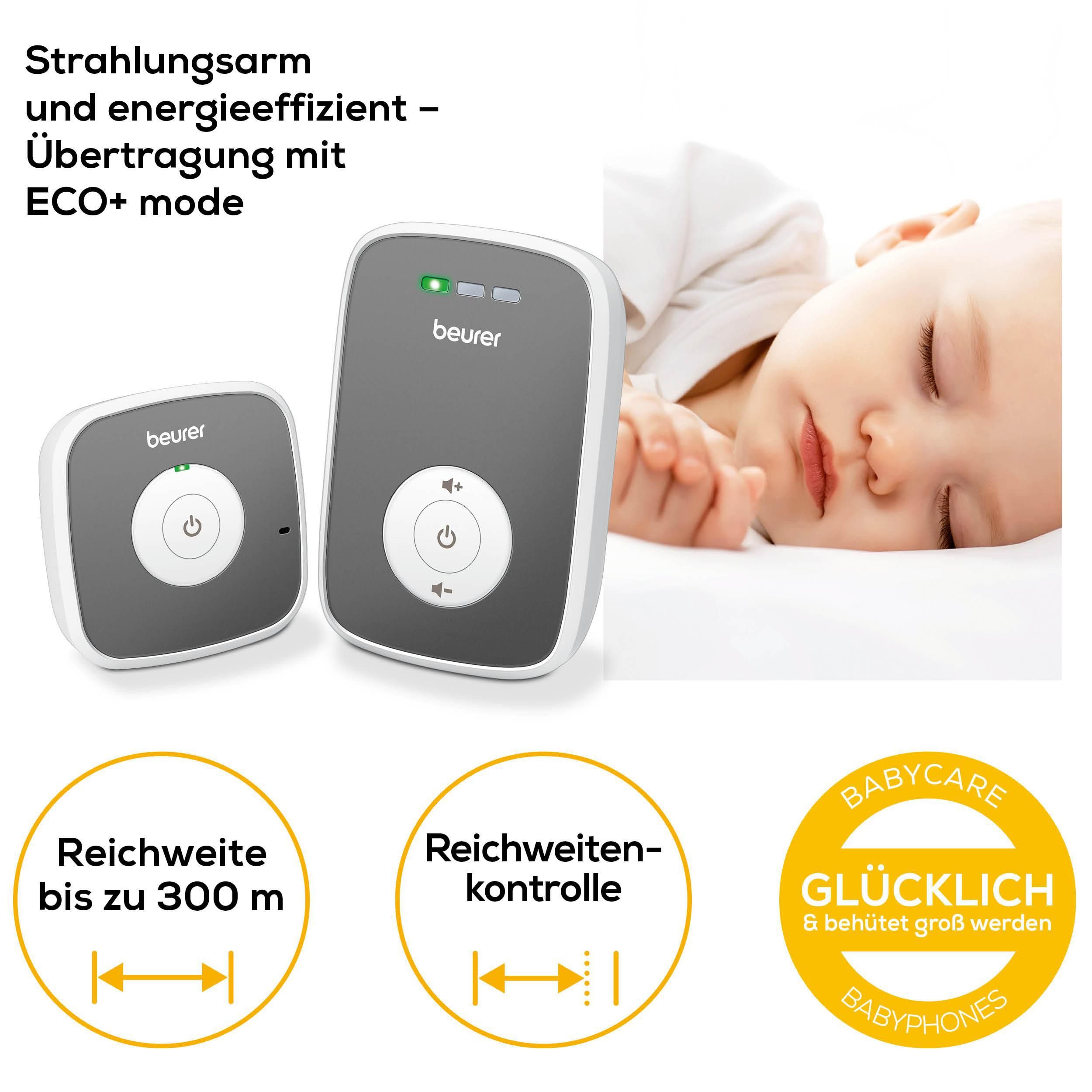 BEURER Babyphone BY 33 mit optischer Geräuschpegelüberwachung und LED-Anzeige, Reichweitenkontrolle mit akustischem Signal
