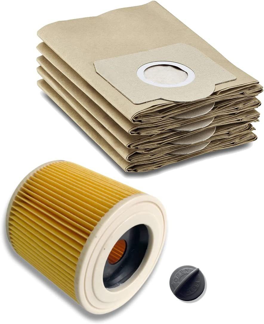 M&M Smartek Staubsaugerbeutel Papier-Filter-Tüten wie 6.959-130.0 + Patronenfilter wie 6.414-552.0, passend für Kärcher, 1 St., für Nass-/ Trockensauger / Mehrzwecksauger | Staubsaugerbeutel