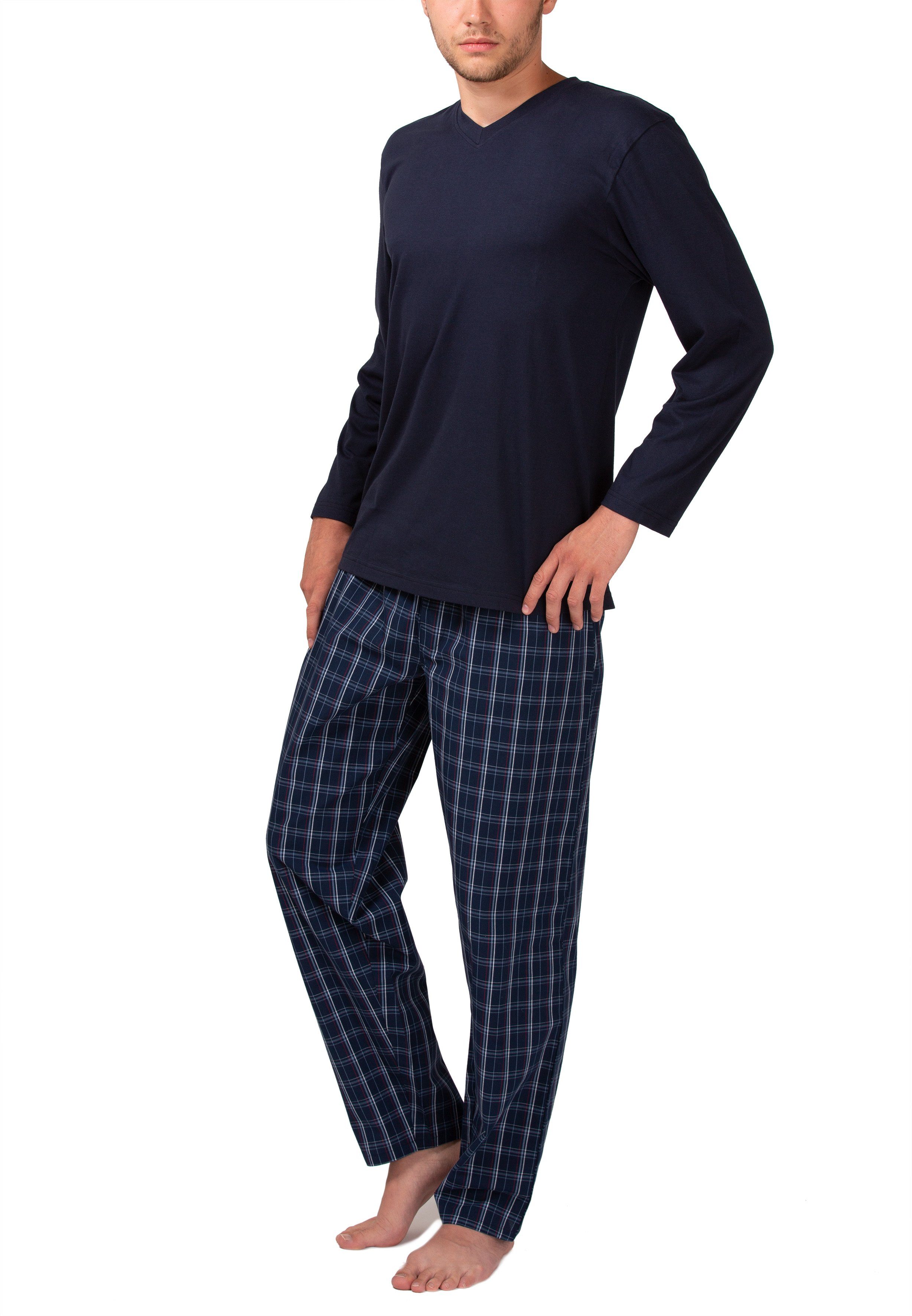 Moonline Pyjama Herren Schlafanzug mit Webhose aus 100% Baumwolle navy