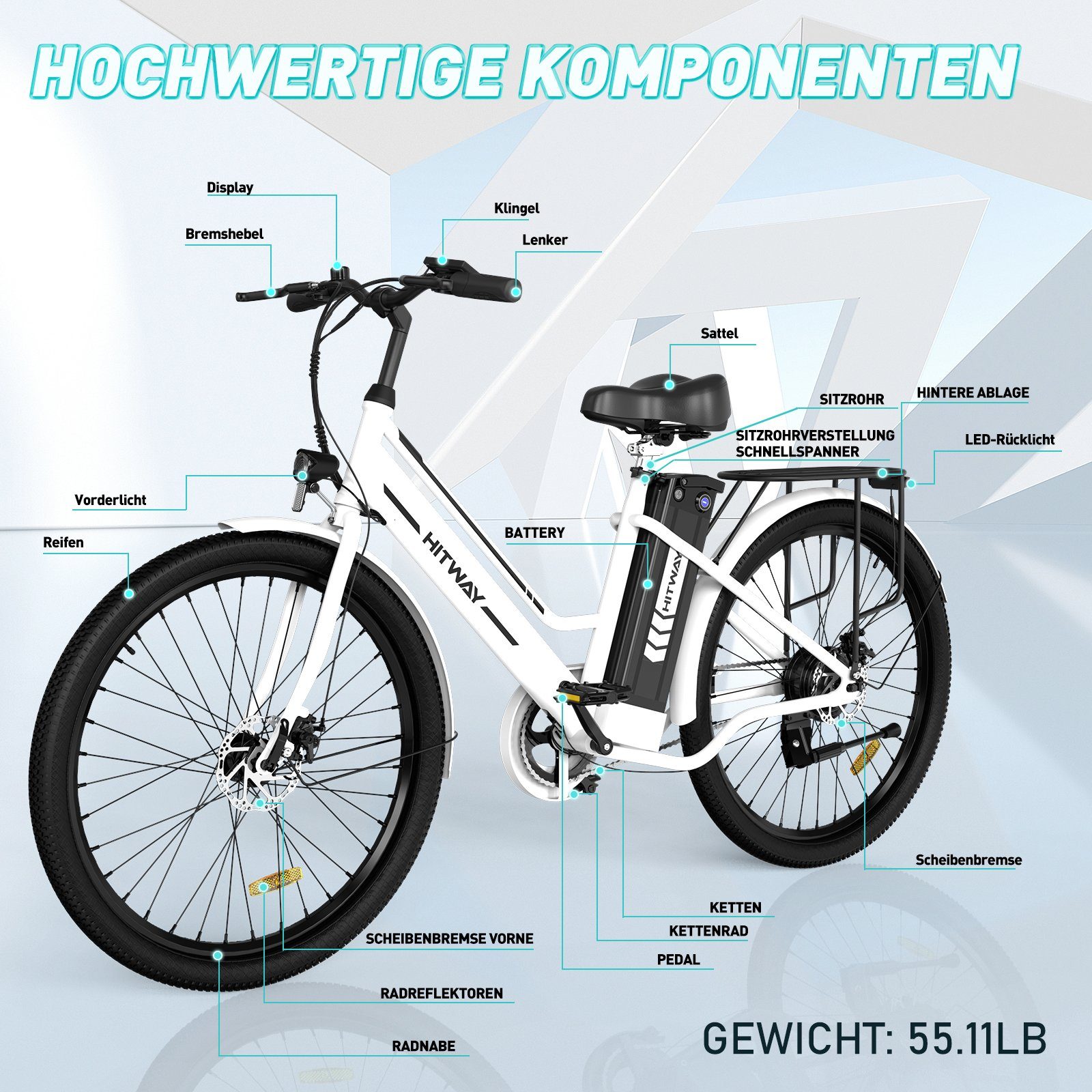 Batterieladegerät/ 26 E-Bike Pumpe/Fahrradschloss 36V Damen Heckmotor, E-Fahrrad Herren für weiss HITWAY 8.4AH Zoll 25km/h,35-70KM,