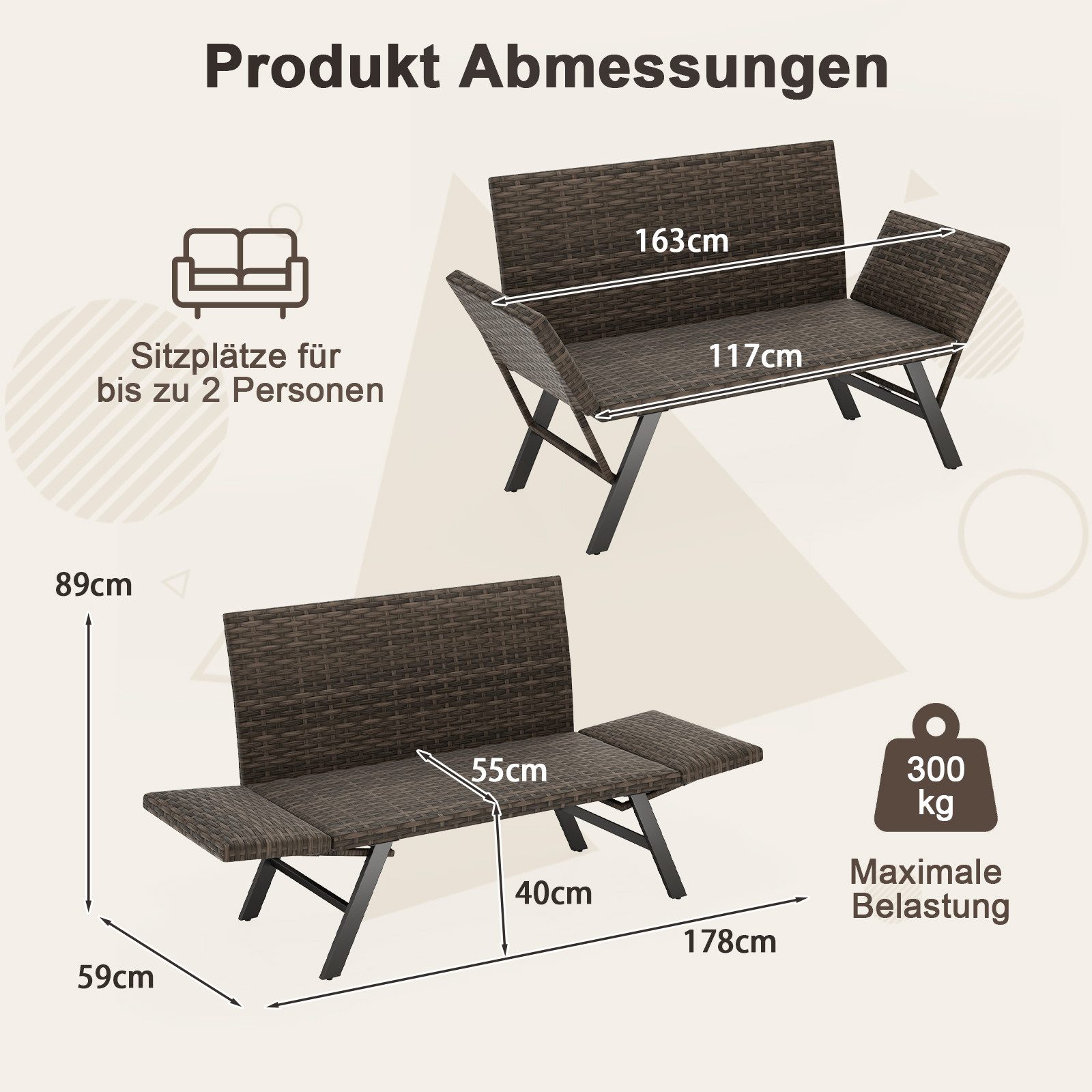 COSTWAY Gartenbank 4 in 1 mit Liegefunktion, wetterfest, 2-Sitzer, 300kg – Bild 5 von 5