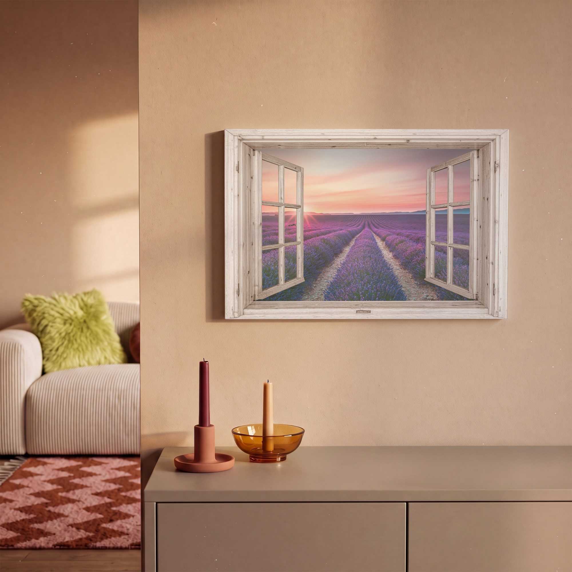 OneMillionCanvasses® Leinwandbild Fensterblick - Fenster - Lavendel - Blumen - Holz - Sonnenuntergang -, Fotodruck (1 St), Leinwand Bilder Klein, Wand Dekoratio – Bild 2 von 5
